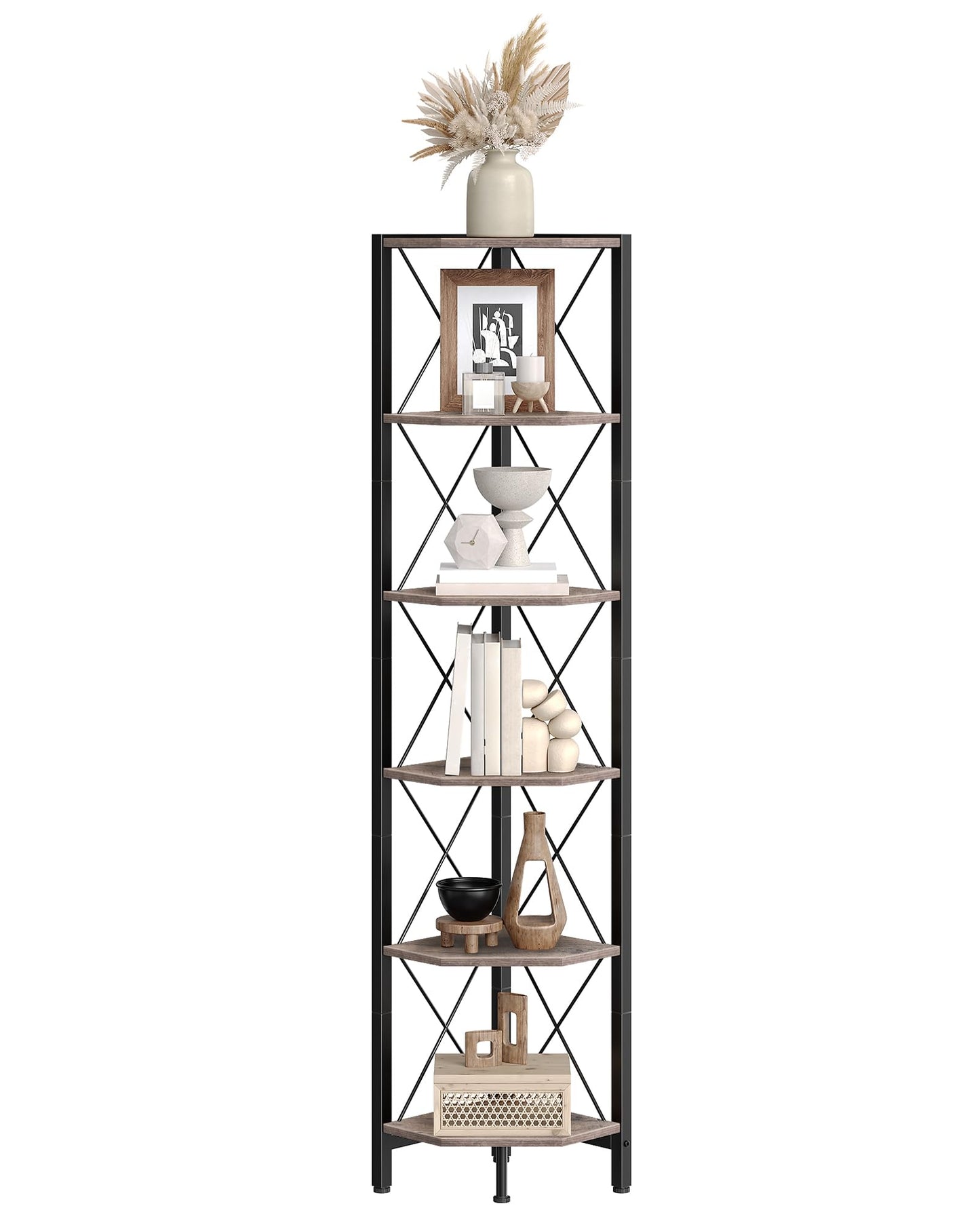 CHOEZON 6-Tier Corner Shelf, Corner Bookcase, 66.9" Tall Vertical Display Rack, Plant Stand, Open Storage Shelf, for Living Room, Bedroom, Study, Kitchen, Greige and Black TCJ13BG