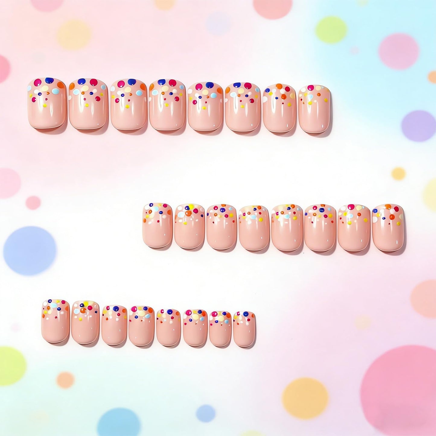 Colorful Polka Dot Press on Nails Short Square Fake Nails with French Dots Design Cute Acrylic False Nail Glossy Full Cover Stick on Nail Reusable Artificial Summer Nails for Women 24Pcs