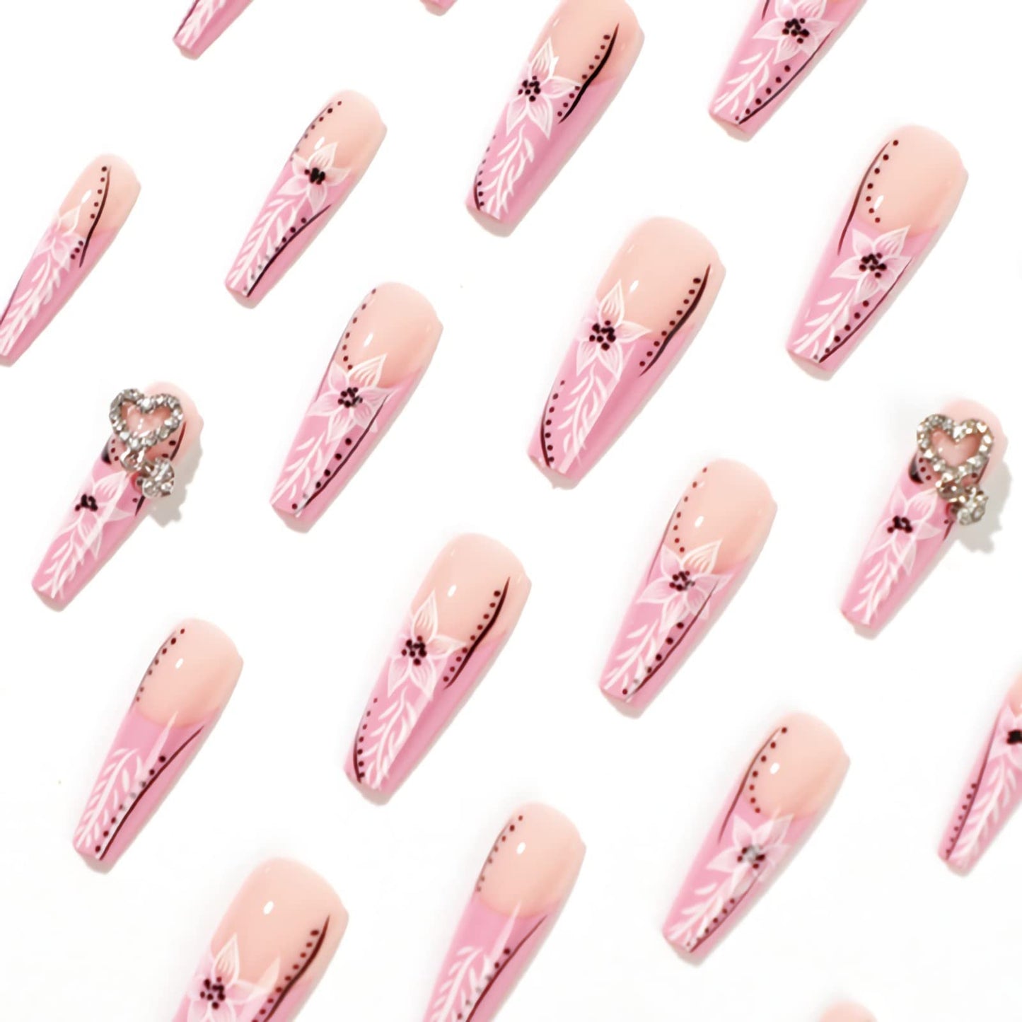BABALAL Coffin Press on Nails Long French Fake Nails Pink Glossy Glue on Acrylic Nails with Flower Design 24Pcs