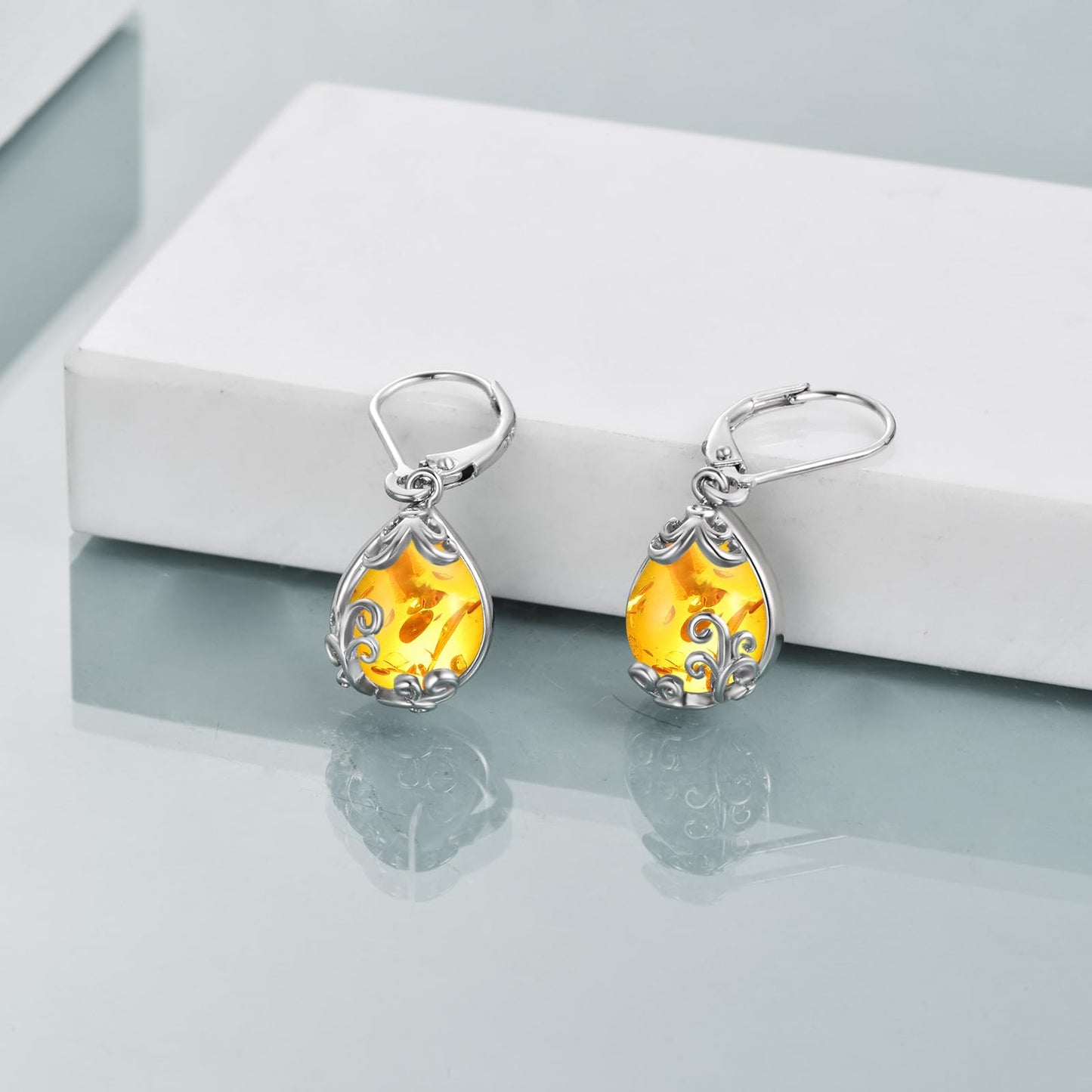 POPLYKE Amber Filigree Teardrop Drop Dangle Earrings Sterling Silver Leverback Earrings Jewelry for Women
