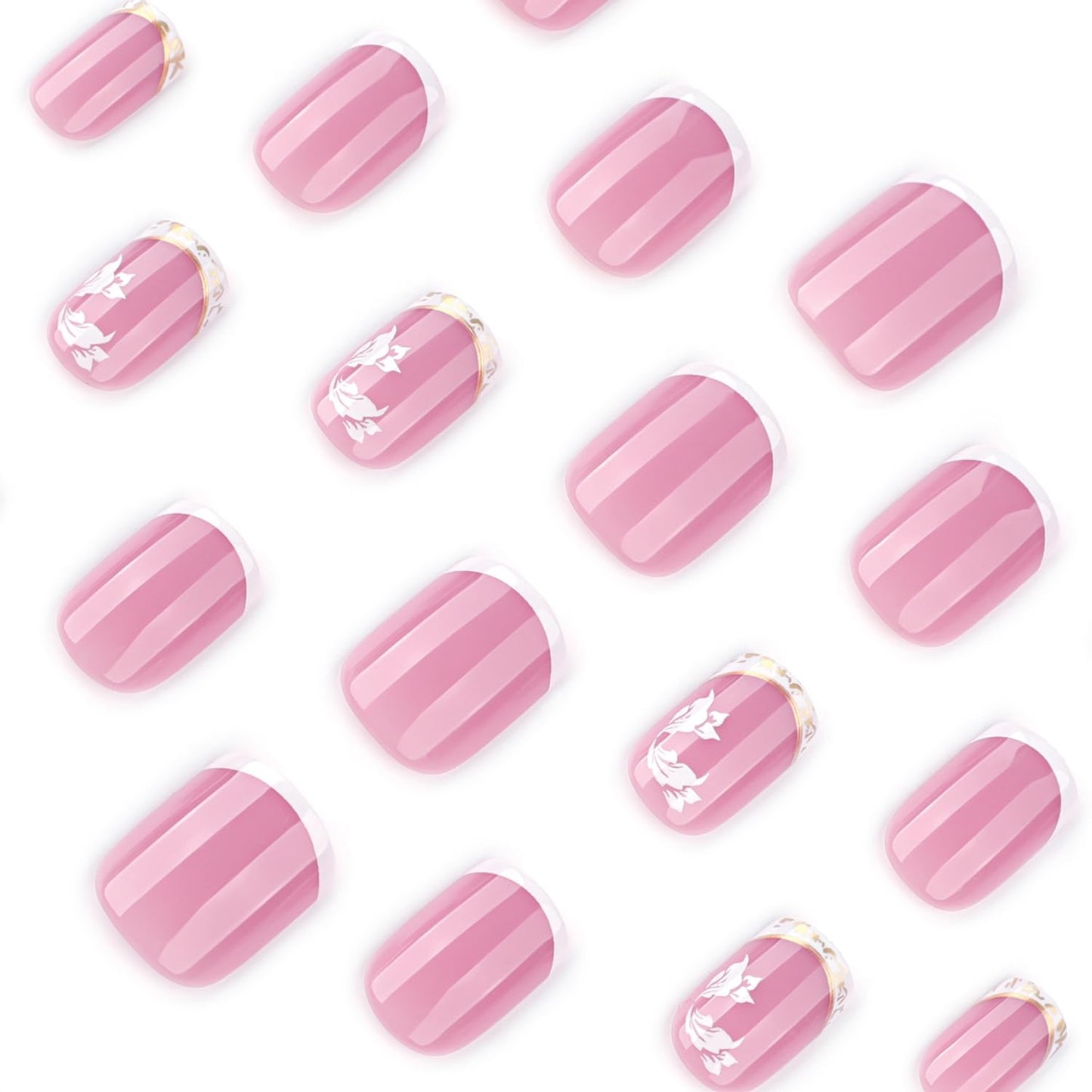 White French Tip Press on Nails Short Square Fake Nails with Flower Designs Summer Floral Glue on Nail Reusable Artificial Extra Short Acrylic Full Cover Stick on False Nail for Wedding Women 24 Pcs