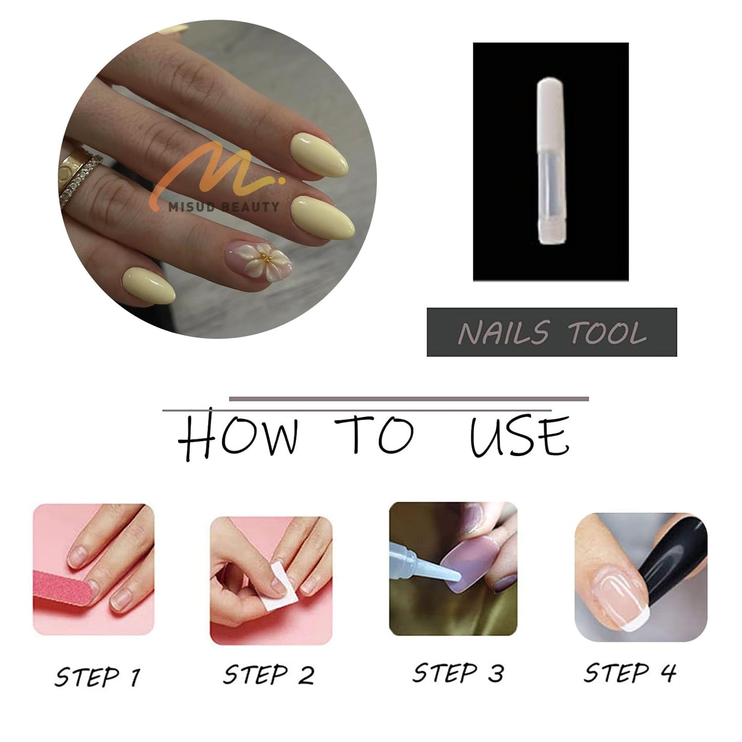 MISUD Press on Nails - Medium Almond Fake Nails with Summer Yellow Acrylic Handmade 3D Flower Design 24 pcs
