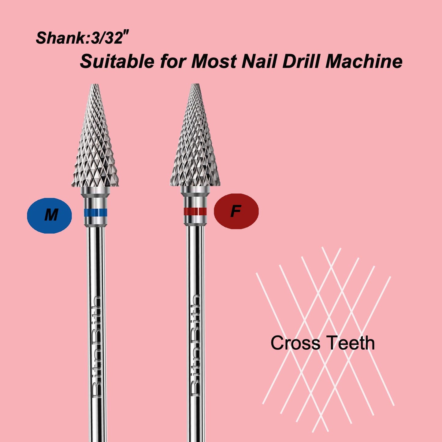 BITNBITH 3pcs Nail Drill Bits Safety 3/32”Professional Acrylic Nail Carbide Tapered Nib Bit for Cuticle Dead Skin Remover,Multifunction Drill Bit for Nail Gel Polishing,Manicure Pedicure