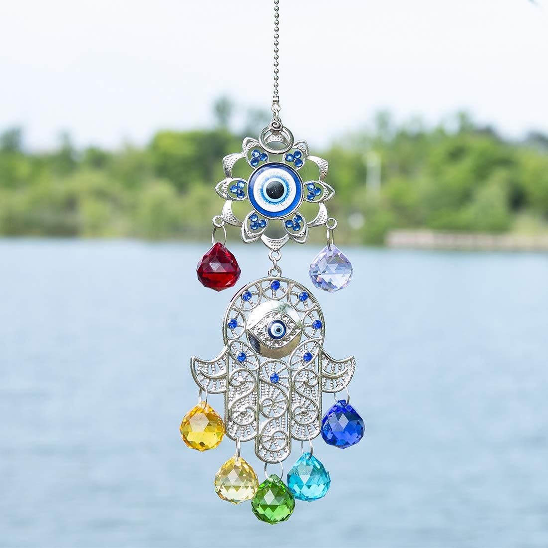 Hamsa Hand with Blue Evil Eye Protection Hanging Crystal Ornament with Chakra Energy Crystal Balls