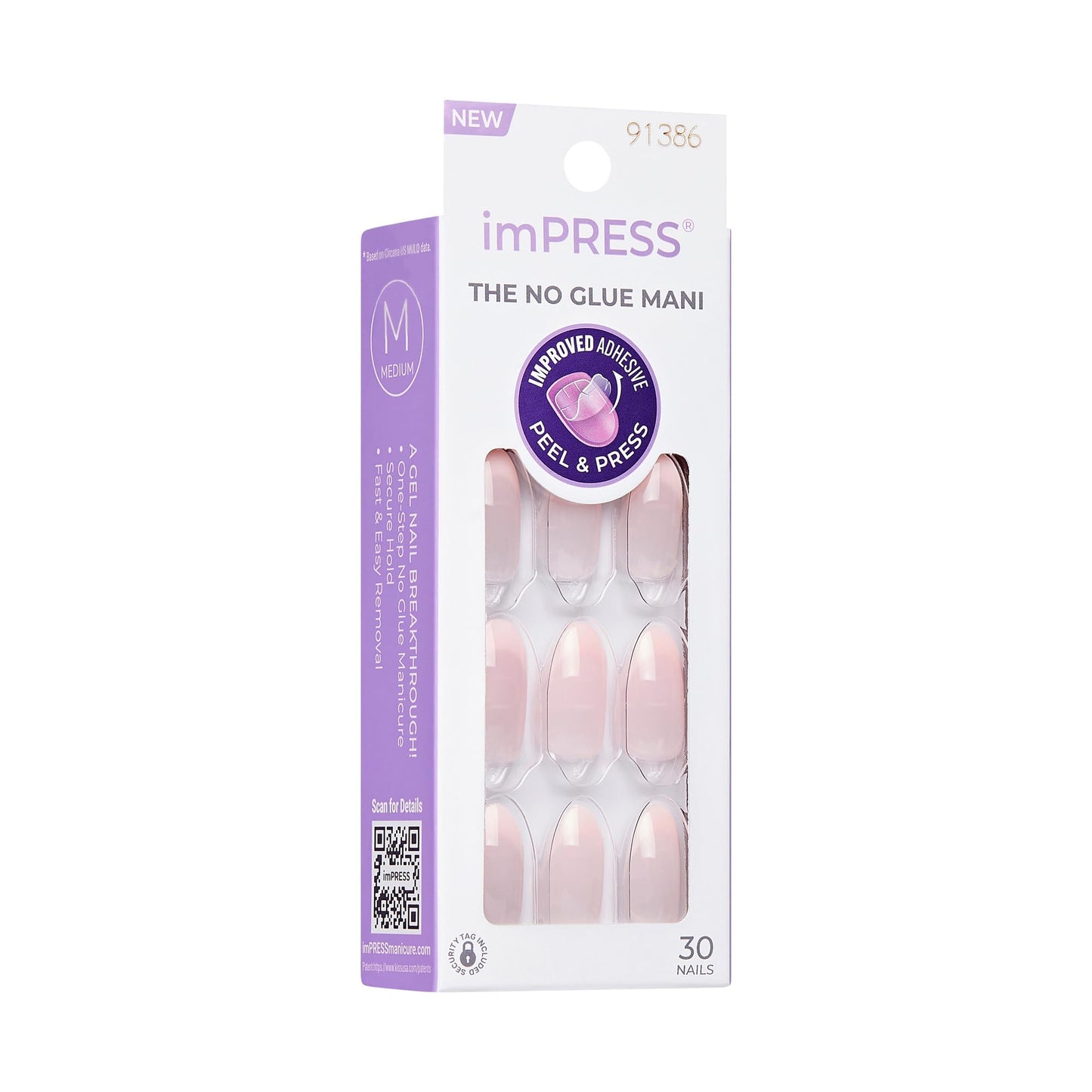 KISS imPRESS No Glue Mani 30 Pcs Press On Nails, Easy Apply, Hassel-Free Removal, Simple Peel & Press, Essential Tools Included, Prep Pad, Instructions Sheet, 1 Manicure Stick, 1 Mini File (Ace)