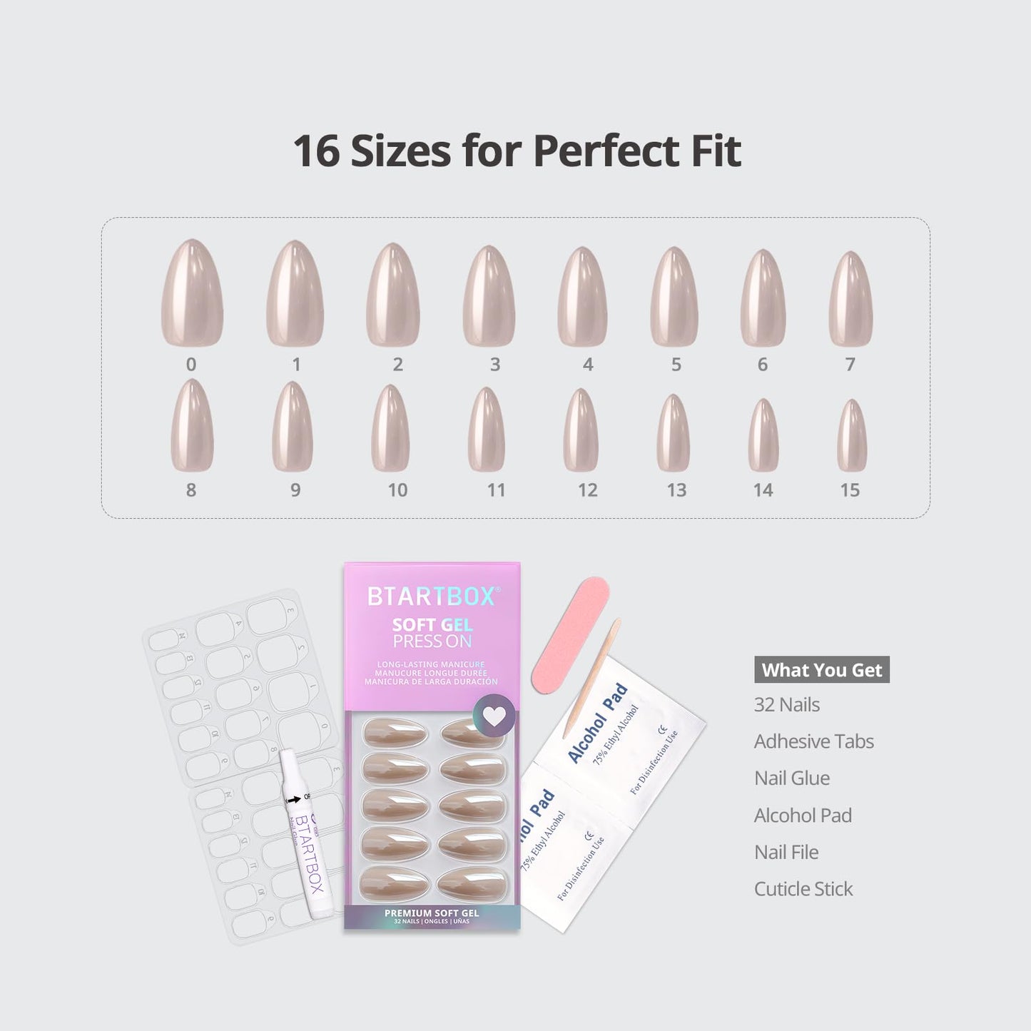 BTArtbox Press On Nails Almond - Medium Soft Gel Chrome Nails, Glue On Nails with Nail Glue, Reusable Stick On Nails in 16 Sizes - 32 Soft Gel Fake Nails Kit, Nuts Glazed
