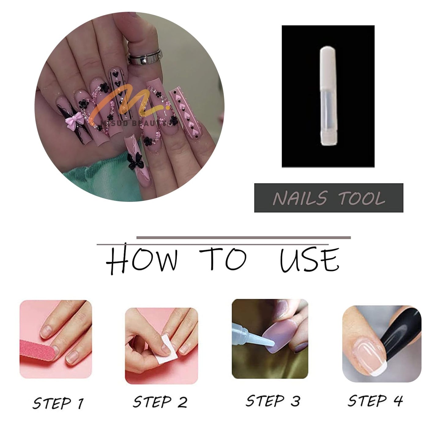 MISUD Press on Nails - Long Square Glue on Nails with Y2K Pink Black, Acrylic Rhinestone Bow Design 24 pcs