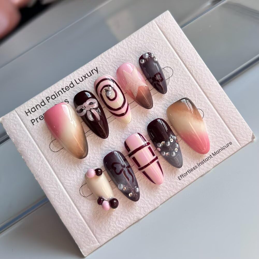 10Pcs Spring Summer Press on Nails Almond Shape False Nails with Bow Design Medium Length Fake Nails Handmade Nails Press On 3D Star Fake Nails Reusable Nails for Women (Size M)