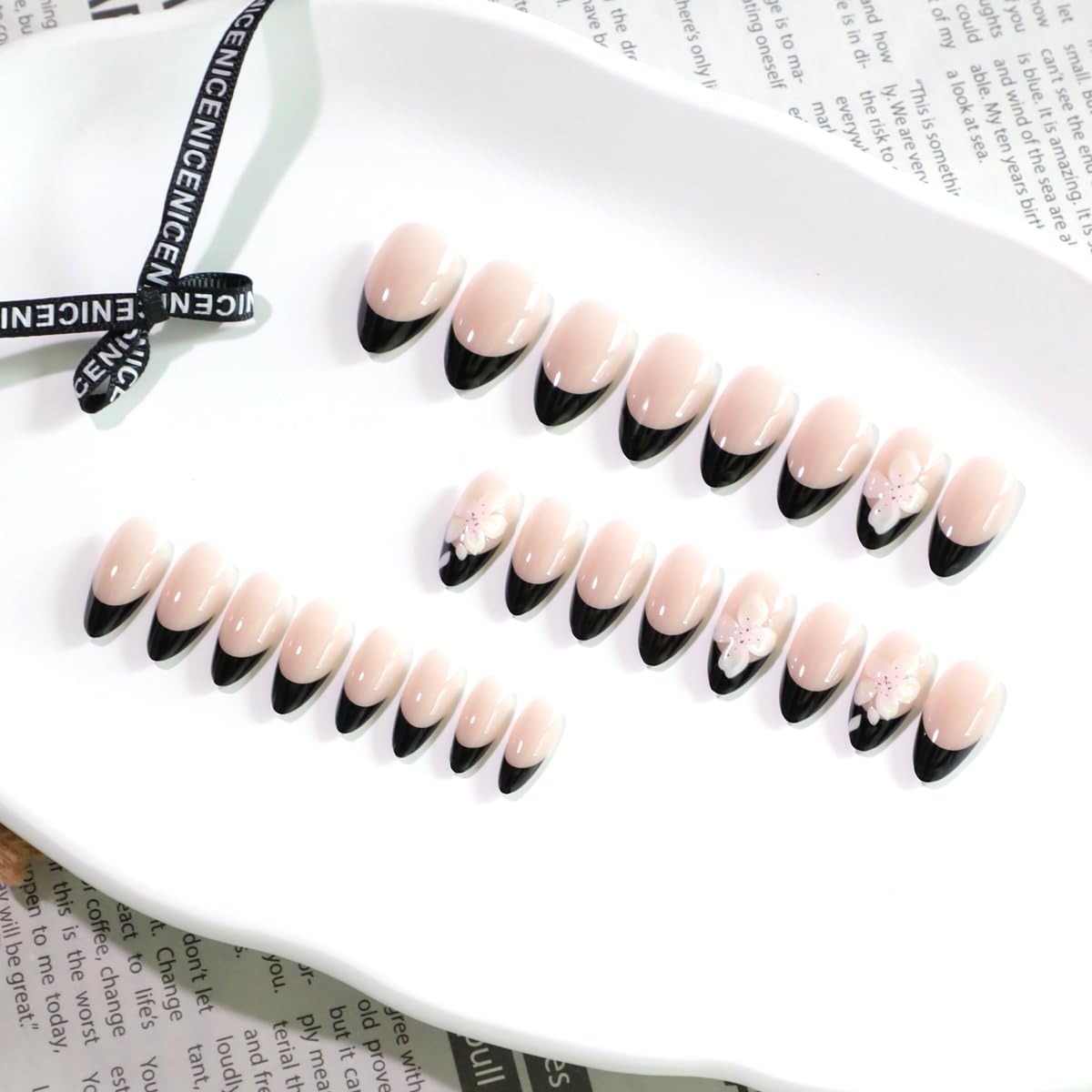 Black French Tip Almond Press On Nails with Glue, Glossy Acrylic Fake Nails with 3D Flower Accent, Medium Stick On False Nails for Women, Reusable Artificial Nails, 24 Pieces Set