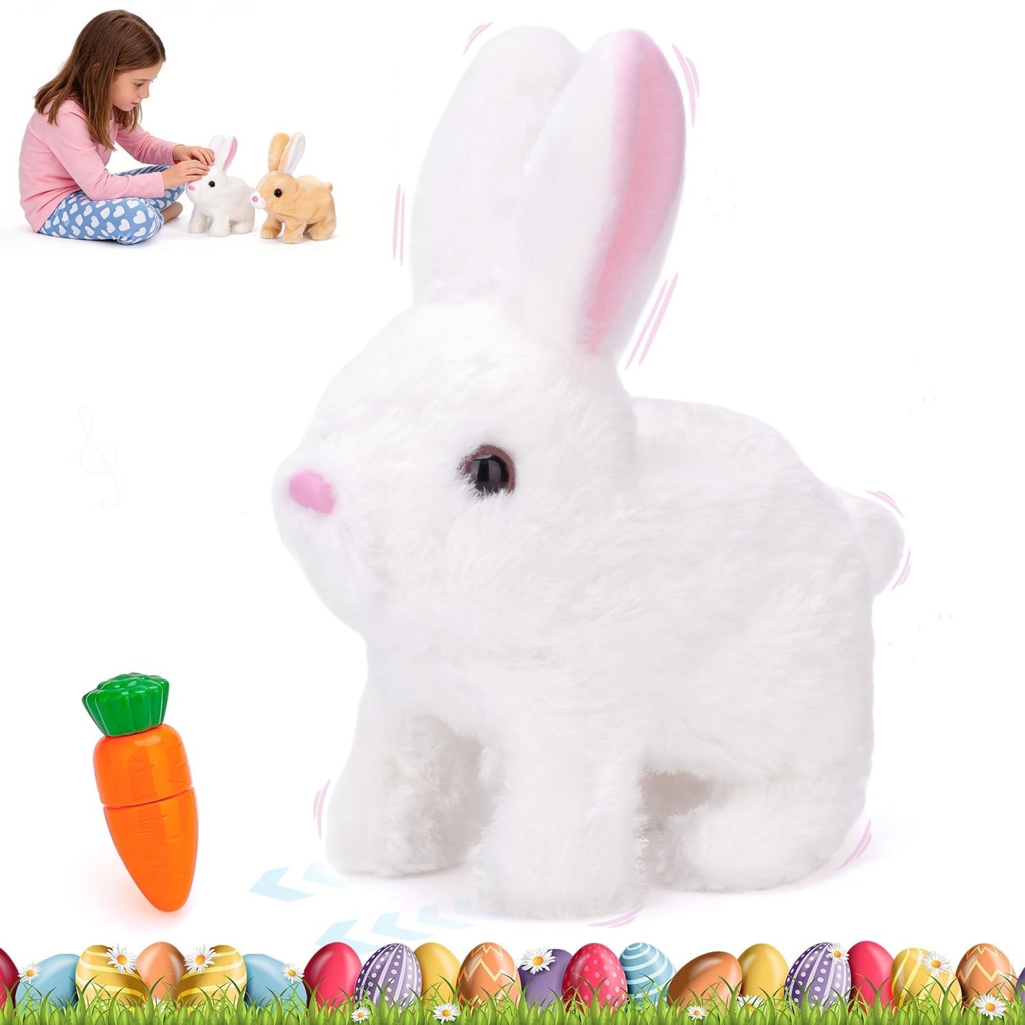 Realistic Bunny Toy, Easter Bunny Plush, Interactive Hopping Bunny Toy with Carrot, Stuffed Bunny with Sounds, Wiggling Ears, Mouth, Nose, Easter Basket Birthday Gift for Kids Girls Boys (White)