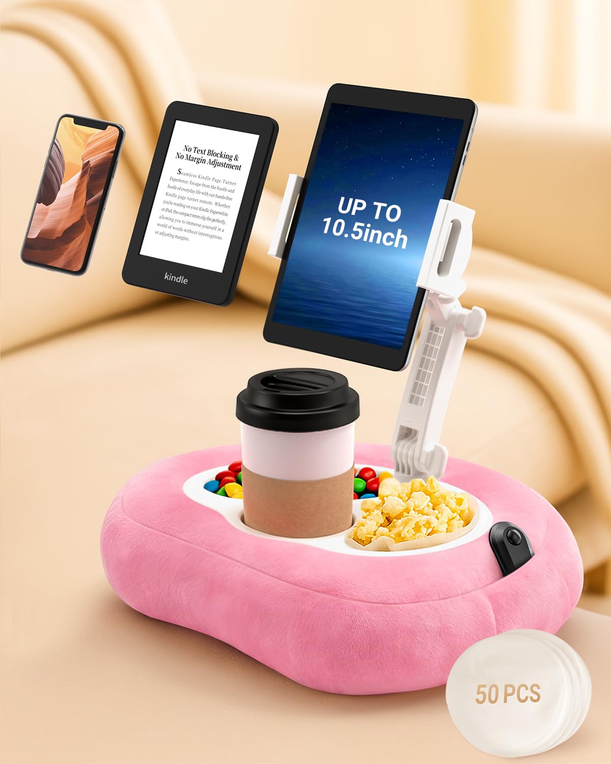 Tablet & Kindle Pillow Stand for Bed, Adjustable iPad Holder for Couch and Lap with 2 Snack Bowls, Cup Holder, 50 Disposable Liners and Washable Cover, Pink