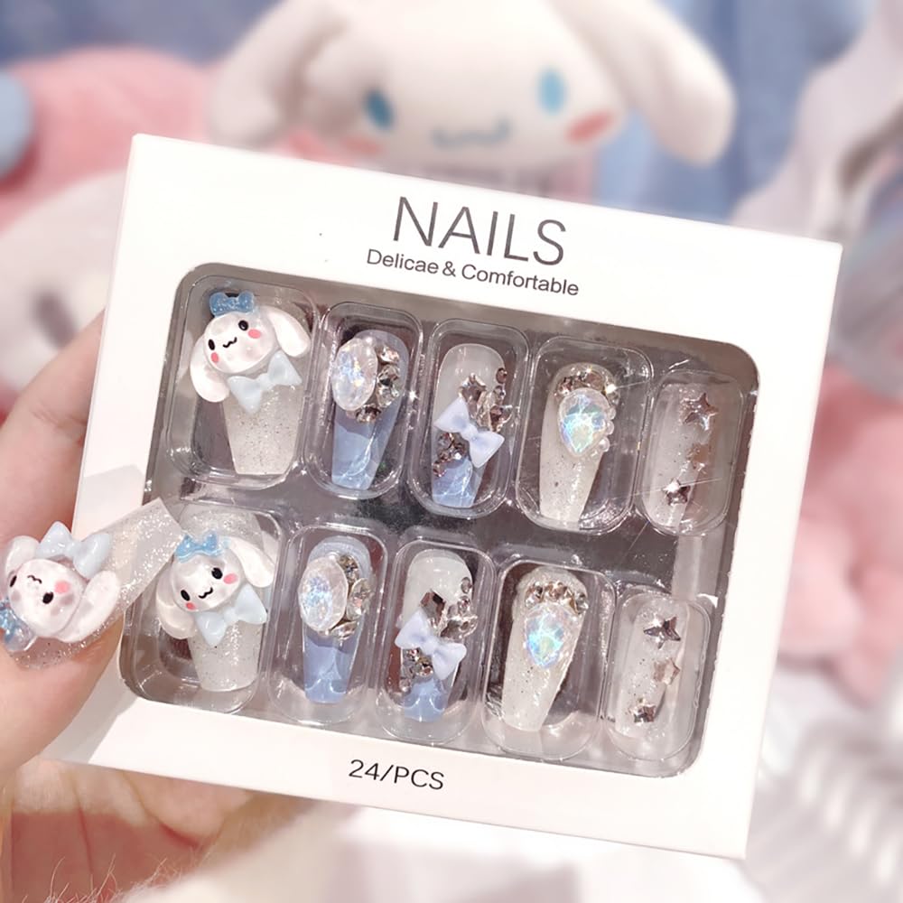 Tezocr Long Coffin Press on Nails 24pcs Cute Fake Nails with Gems Charms Cartoon Acrylic Nails Full Cover False Nails for Women DIY Manicure Party Nail Decoration