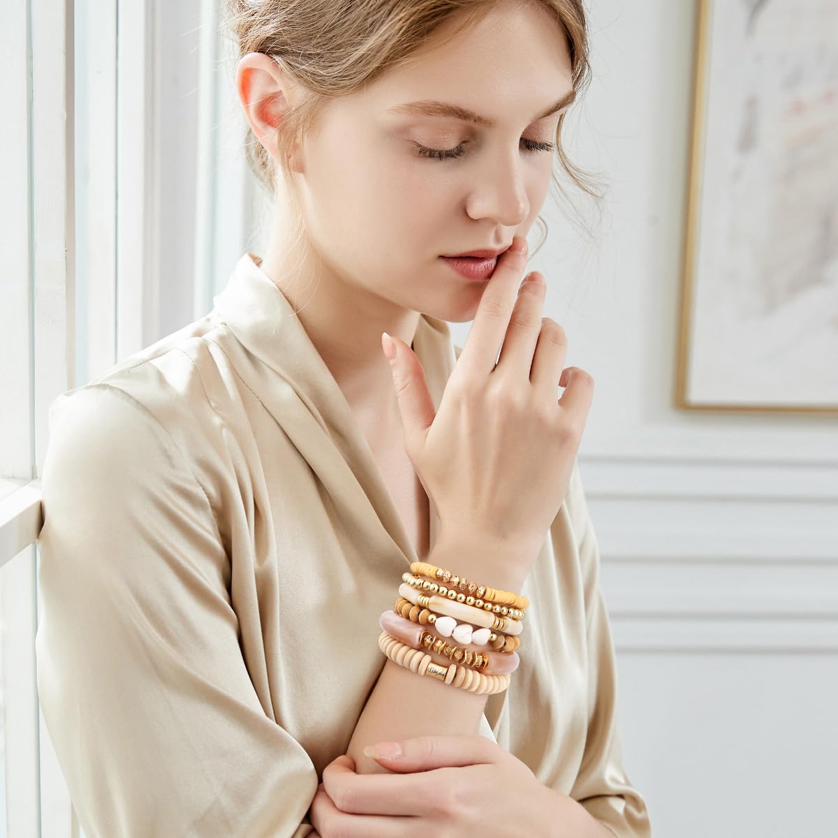 GOOJIDS Simple Beaded Gold Plated Bangles Bracelet Chunky Bamboo Tube Curved Stacking Clear Acrylic Colorful Beads Stretchable Gold Plated Bracelets Set For Women