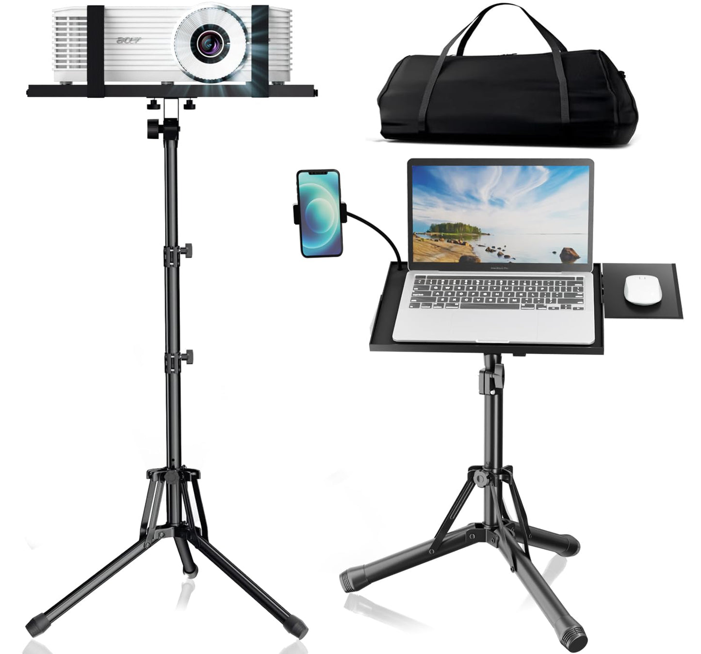 ORWOD Projector Stand Laptop Tripod - Portable Tripod Adjustable Height 20 to 60 Inch, Projector Stand with Gooseneck Phone Holder ＆ Mouse Tray, Laptop Floor Stand for Podium, Studio, DJ Racks
