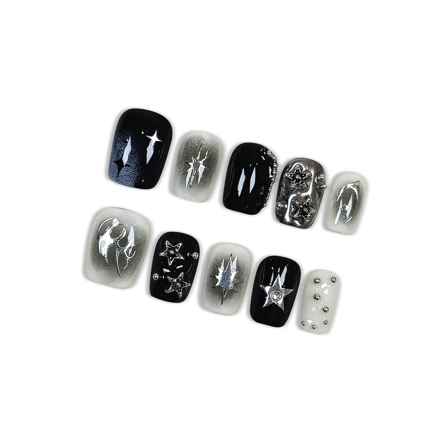 Hantyer Short Square Press On Nails, Handmade Soft Gel Dark Glam Metallic Fake Nails with Silver 3D Stars & Sculptural Accents, Grunge Inspired Reusable False Nails 10PCS Kit (Size XS)