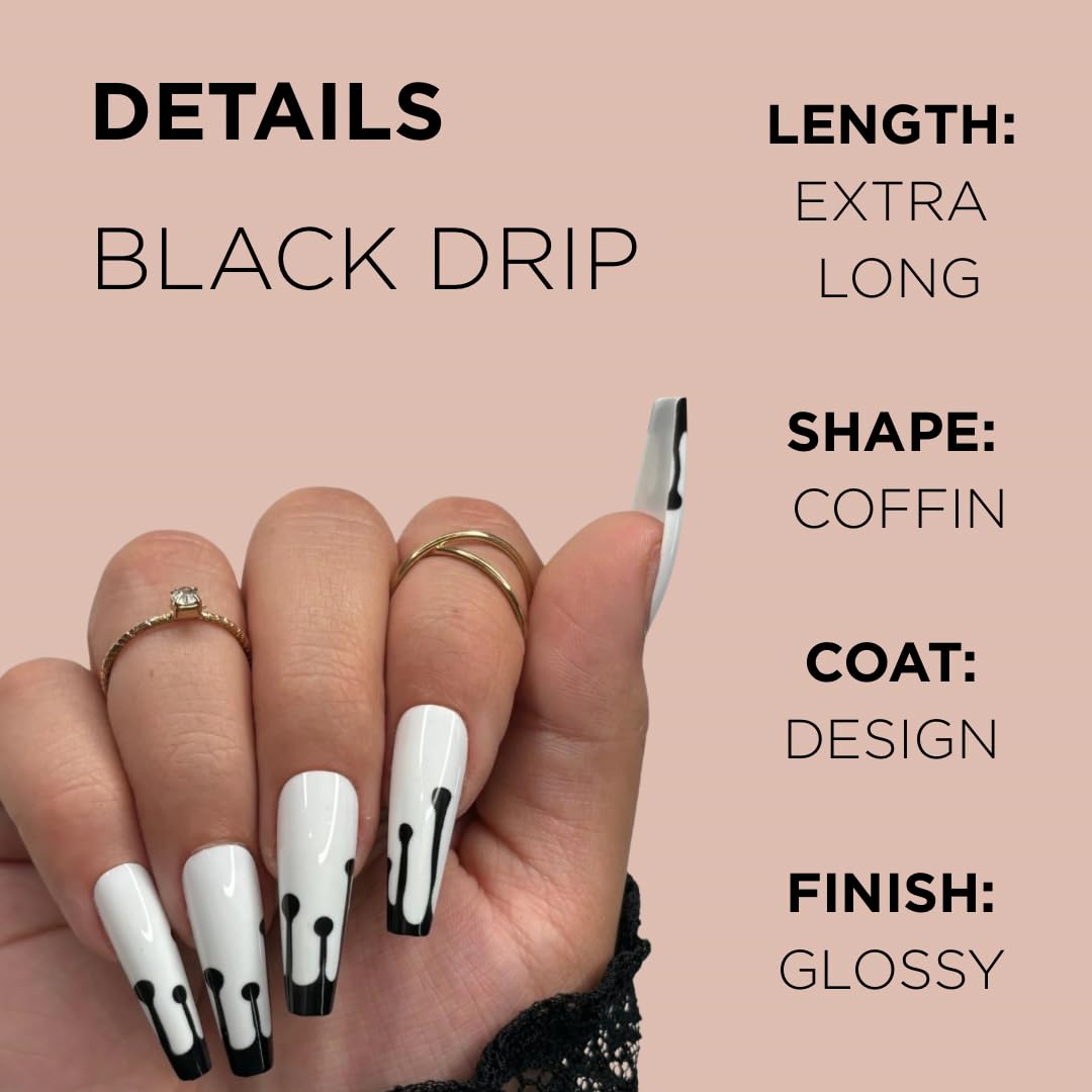 BLACK DRIP by Lavaa Beauty | Extra-Long Coffin Press-On Nails | Black Paint Drip on White Base