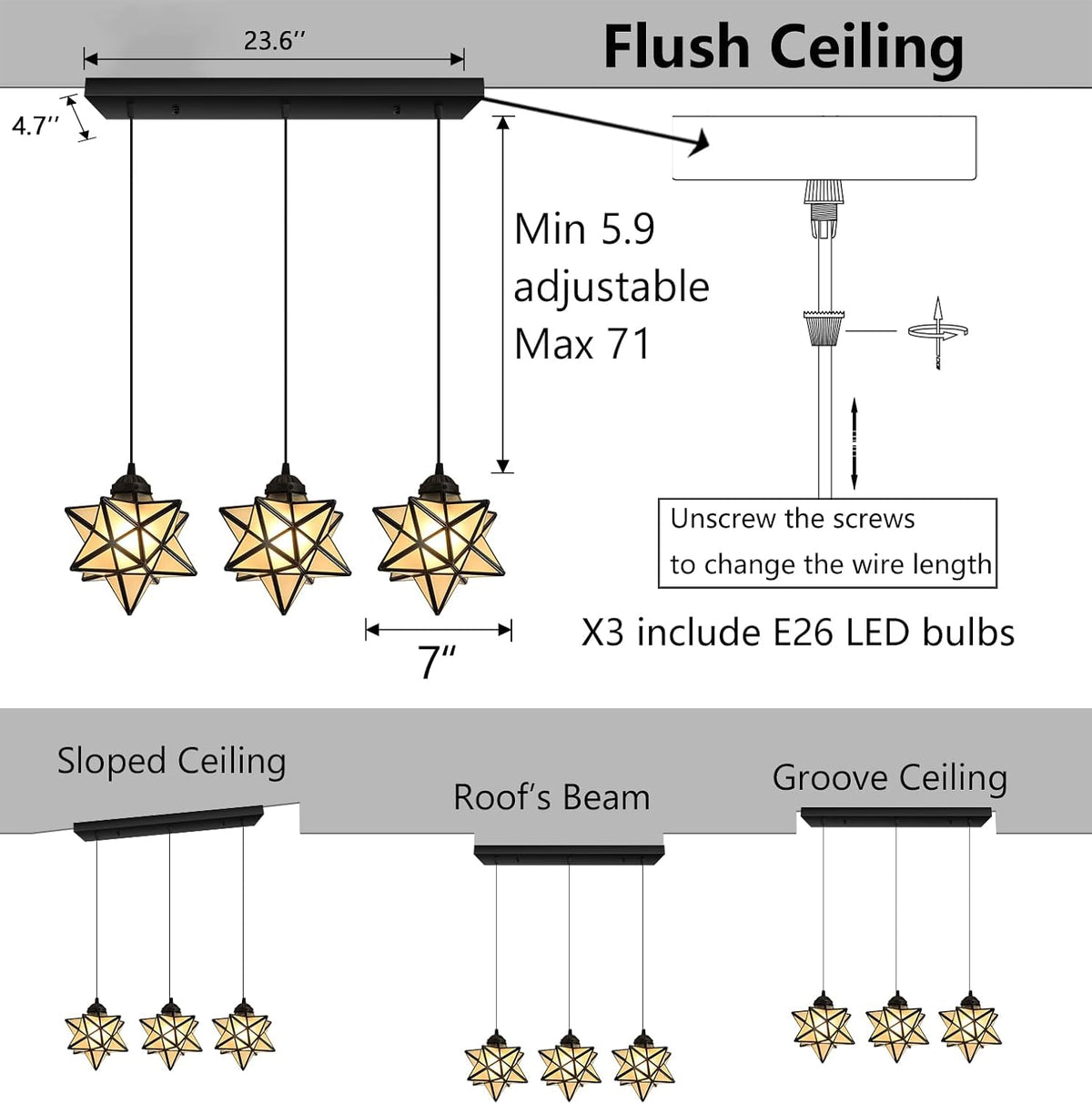 Modern Frosted White Glass Chandelier Dining Room Farmhouse Star Pendants Lights for Kitchen Island LED Ceiling Hanging Lighting Included Warm Light Bulbs Black