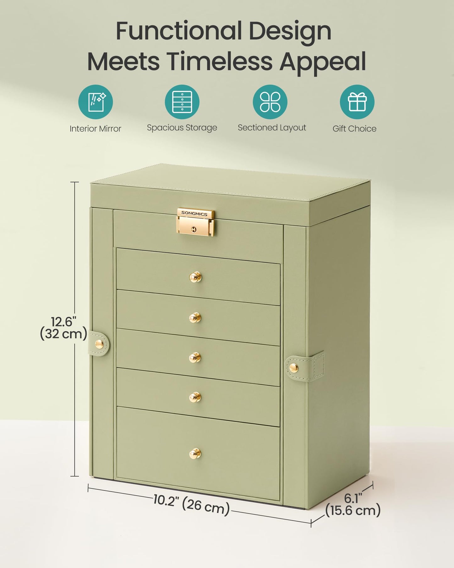 SONGMICS 6-Layer Jewelry Box Organizer with 5 Drawers, Jewelry Storage Case with Lock and Mirror, Large Storage Capacity, Gift for Loved Ones, for Necklaces, Watches, Sage Green UJBC152CE01S