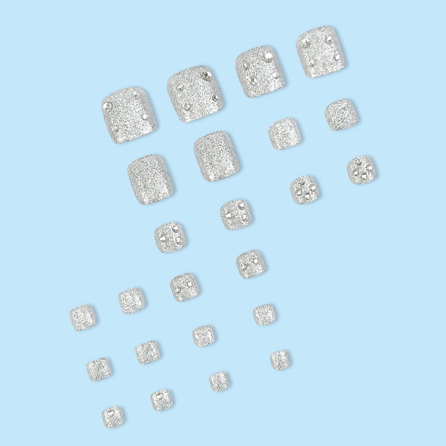 IMRAIN Glitter Press on Toenails Short Silver Fake Toe Nails with Rhinestone Designs Full Cover Glossy Glue on Toenails Summer Acrylic False Toe Nails