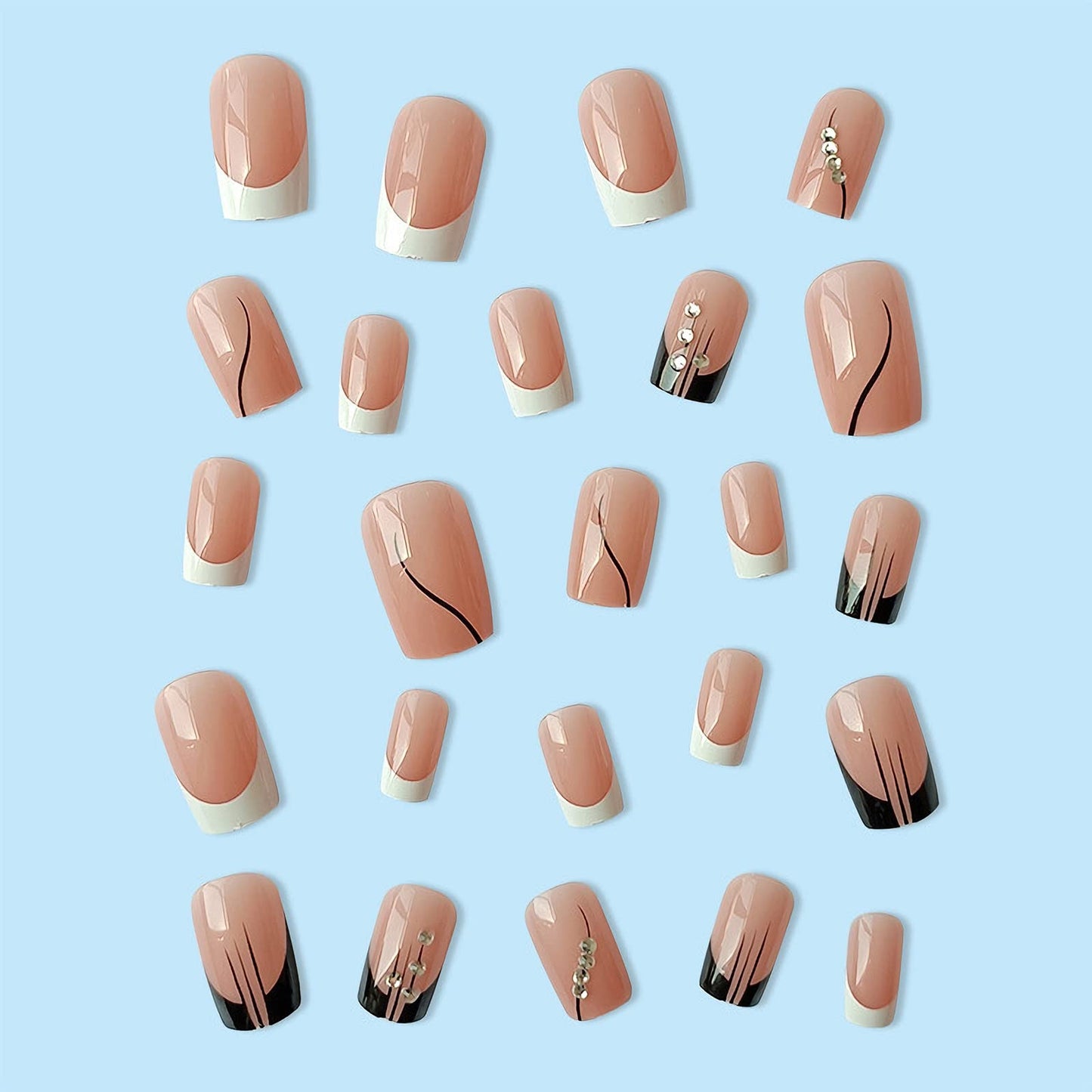 24 Pcs Square French Press on Nails Medium Fake Nails French Line Glue on Nails with Rhinestone Designs Full Cover False Nails Black White Nail Tips for Women Girls