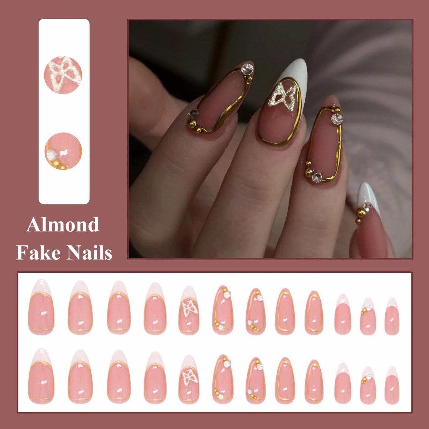 MISUD Press on Nails - Medium Almond Glue on Nails with White French Tip, Acrylic Gold Chrome Design 24 pcs