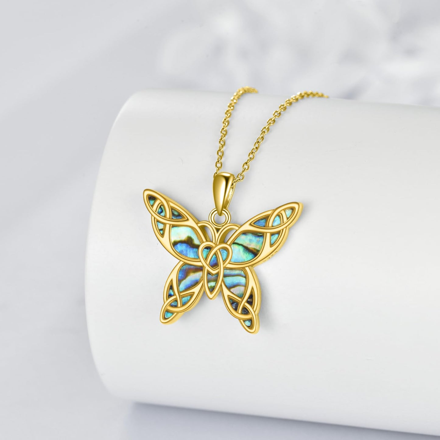 KQF Celtic Butterfly Necklace for Women Sterling Silver 18K Gold Butterfly Jewelry Gift for Women Abalone Shell Pendant