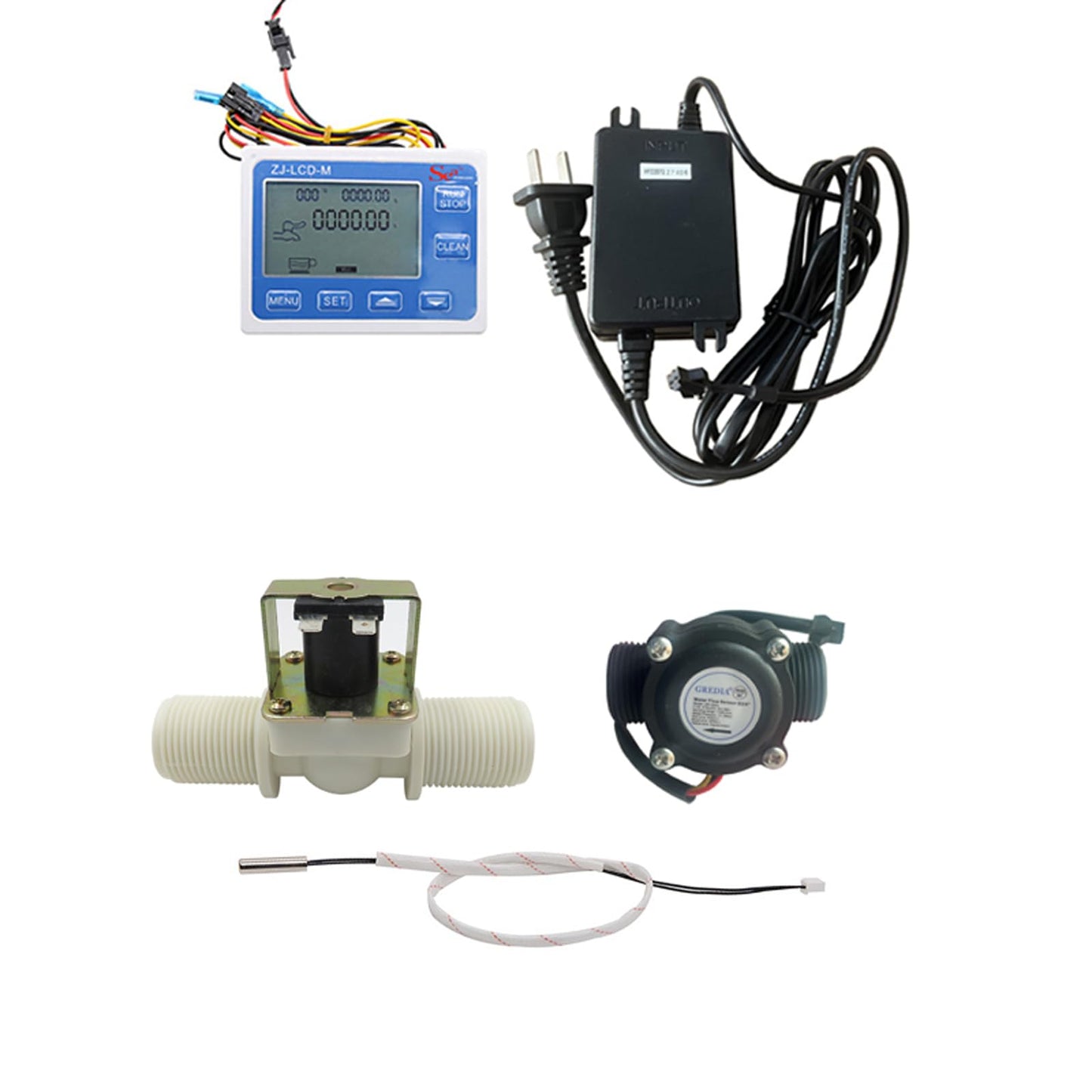 GREDIA Digital LCD Display Quantitative Controller Water Control + 3/4" Hall Effect Flow Sensor Flowmeter + 3/4" Solenoid Valve N/C Normally Closed +24V Power