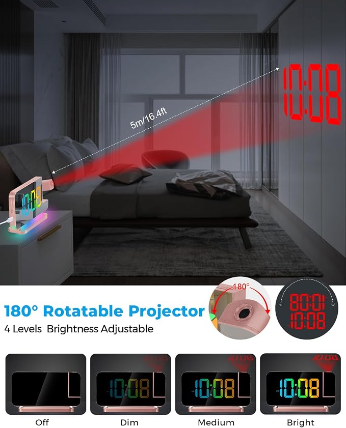 SZELAM Projection Alarm Clock,7.4 in LED Mirror Digital Clocks Projection on Ceiling Wall,with RGB Night Light,USB C Charging Port,Auto Dimming,Modern Desk Clock for Bedroom Decor - Rose Gold