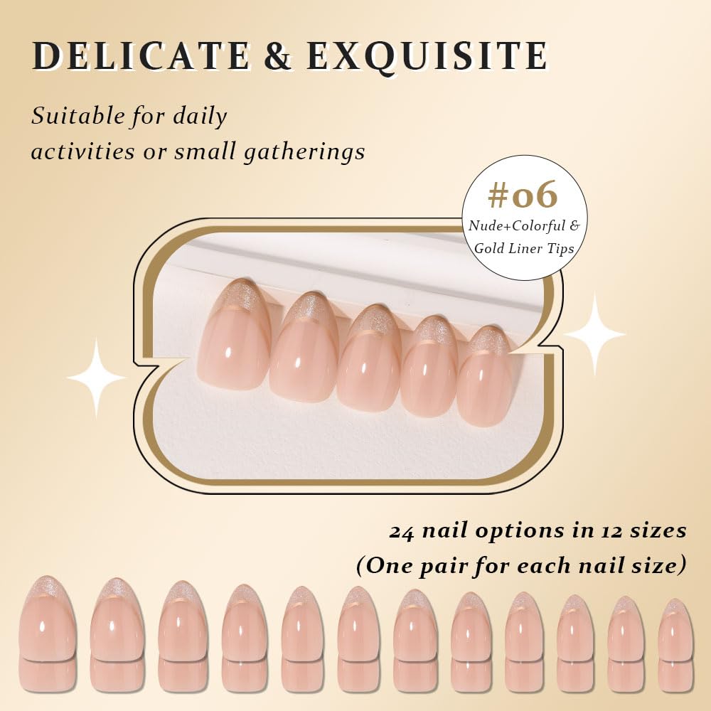 evpct French Tip Press On Nails Short Almond, Nude + Gold Line & Glitter Tips, Short Almond Fake False Press on Nails, Soft Gel Stick on nail Press ons with Nail Kit, Reusable Salon Quality