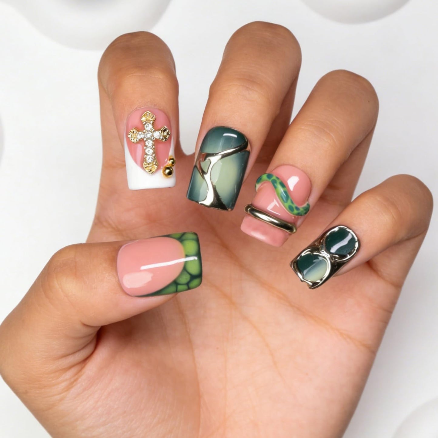 Handmade Square Press on Nails Green French Tip Short Stick on Nail 3D Silver Embossed Designs Luxury Rhinestone Pearl False Nails Muti-Layer Gel Acrylic Nails for Women Manicuare 10 Pcs（S)
