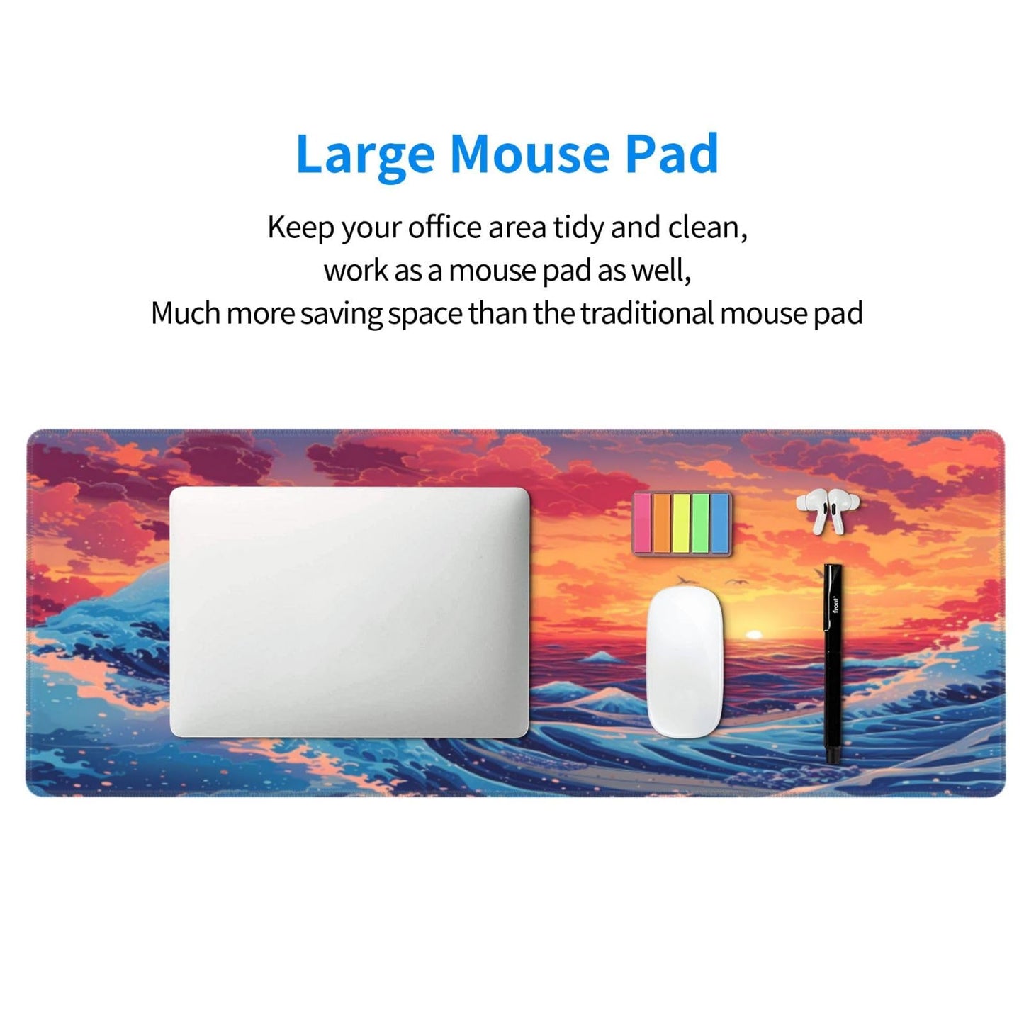 Gaming Mouse Pad Desk Pad,Extended Big Mouse Pad,31.5x11.8 Inch Long Computer Keyboard Mouse Mat Mousepad with 3mm Non-Slip Base and Stitched Edge for Gaming and Office… (Sunset Wave)