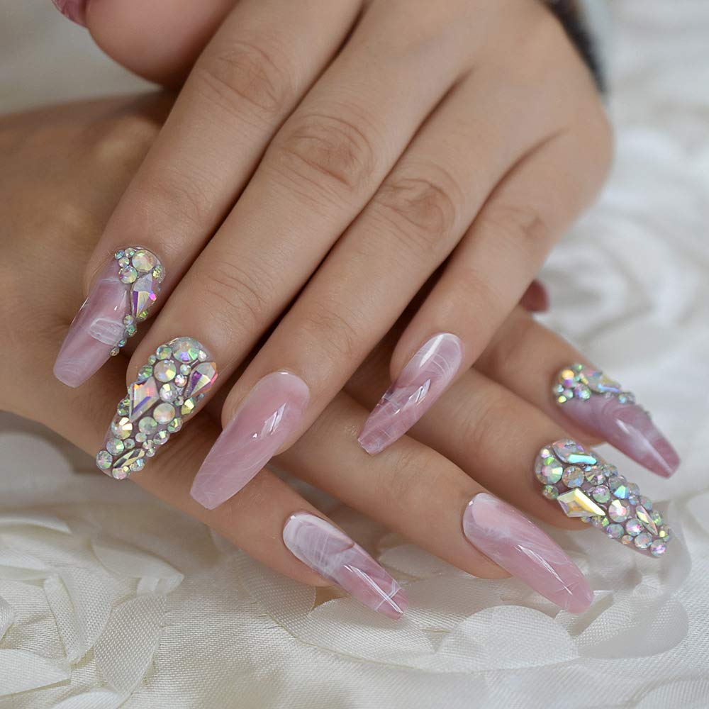 Marble Faux Ongles Large Pink Stones Pre-designed Luxurynails Extra Long Coffin Shape Ladies Party Wedding Decoration Accessories