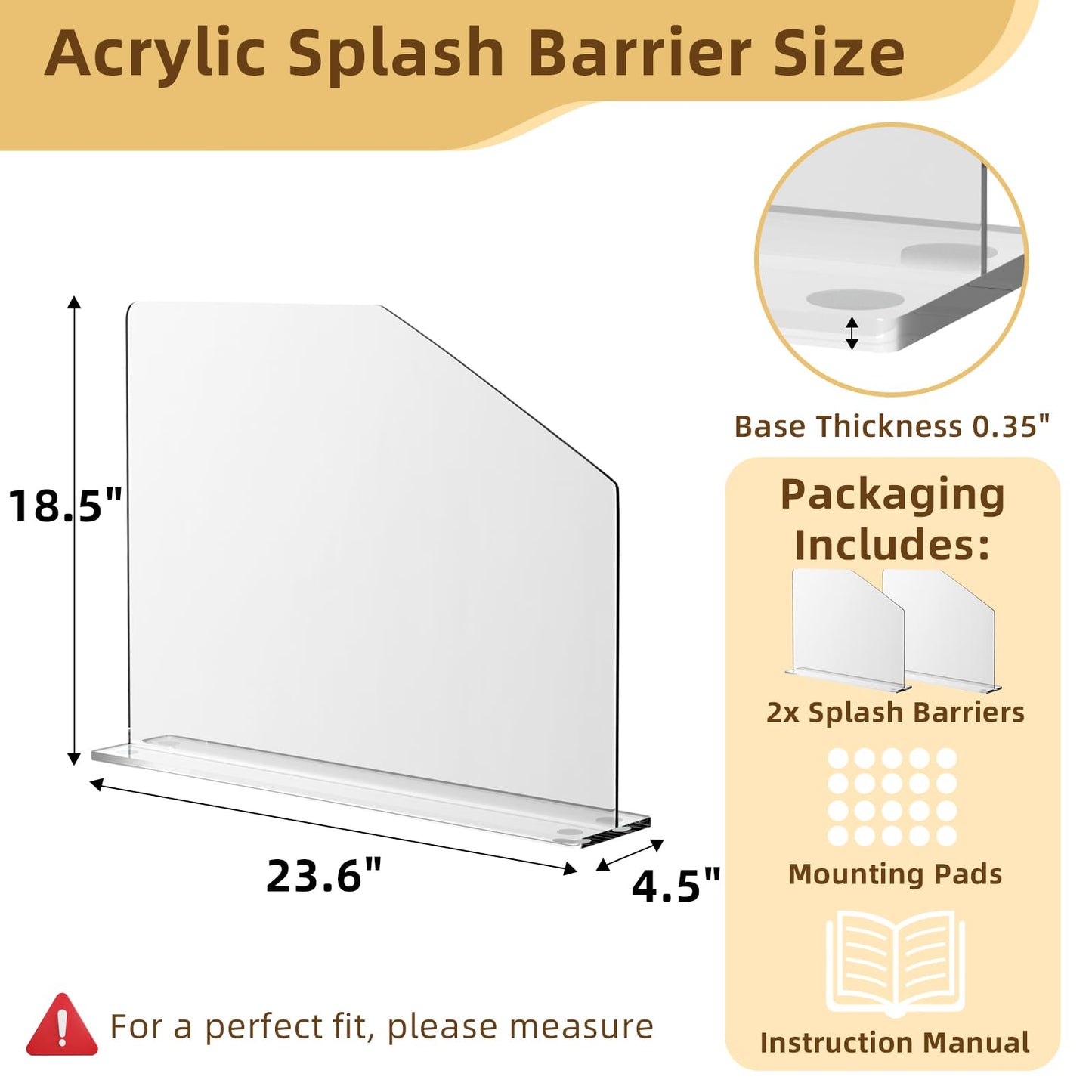 2 Pcs Acrylic Sink Splash Barrier, Clear Splatter Barrier, Freestanding Protective Panel with Cutaway, for Kitchen Hospital Labs Office, 23.6" L x 4.5" W x 18.5" H