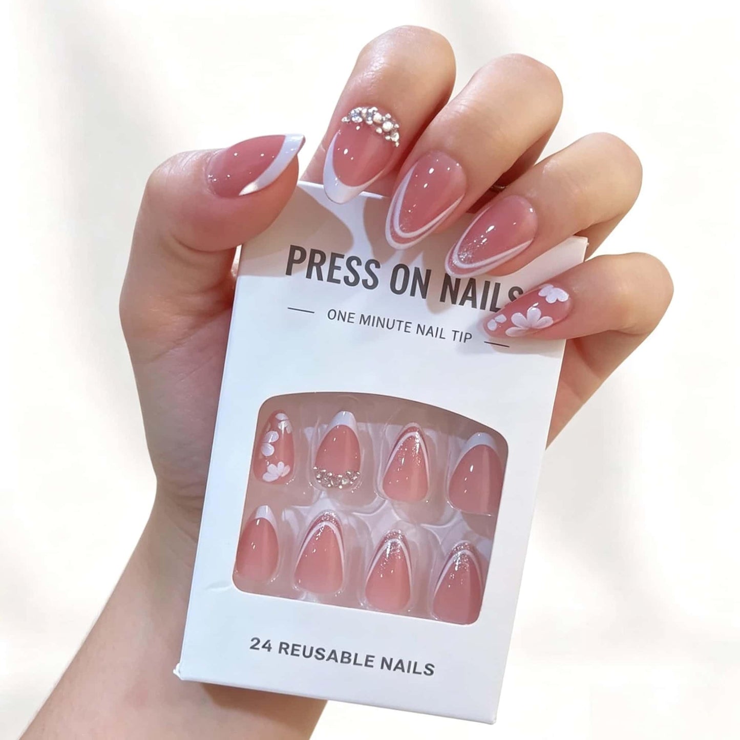French Press on Nails Short Almond Fake Nails White with Flower Rhinestones Designs Full Cover Acrylic Glue on Nails Removable Artificial Stick on Nails for Women 30 Pcs