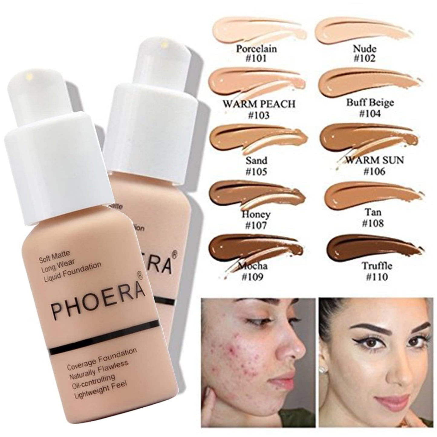 PHOERA Foundation Full Coverage,PHOERA Concealer Lightweight Full Coverage,PHOERA Makeup Long Lasting Wrinkles Matte Natural Finish for a Flawless Complexion (104 Buff Beige+104#CUSTARD)