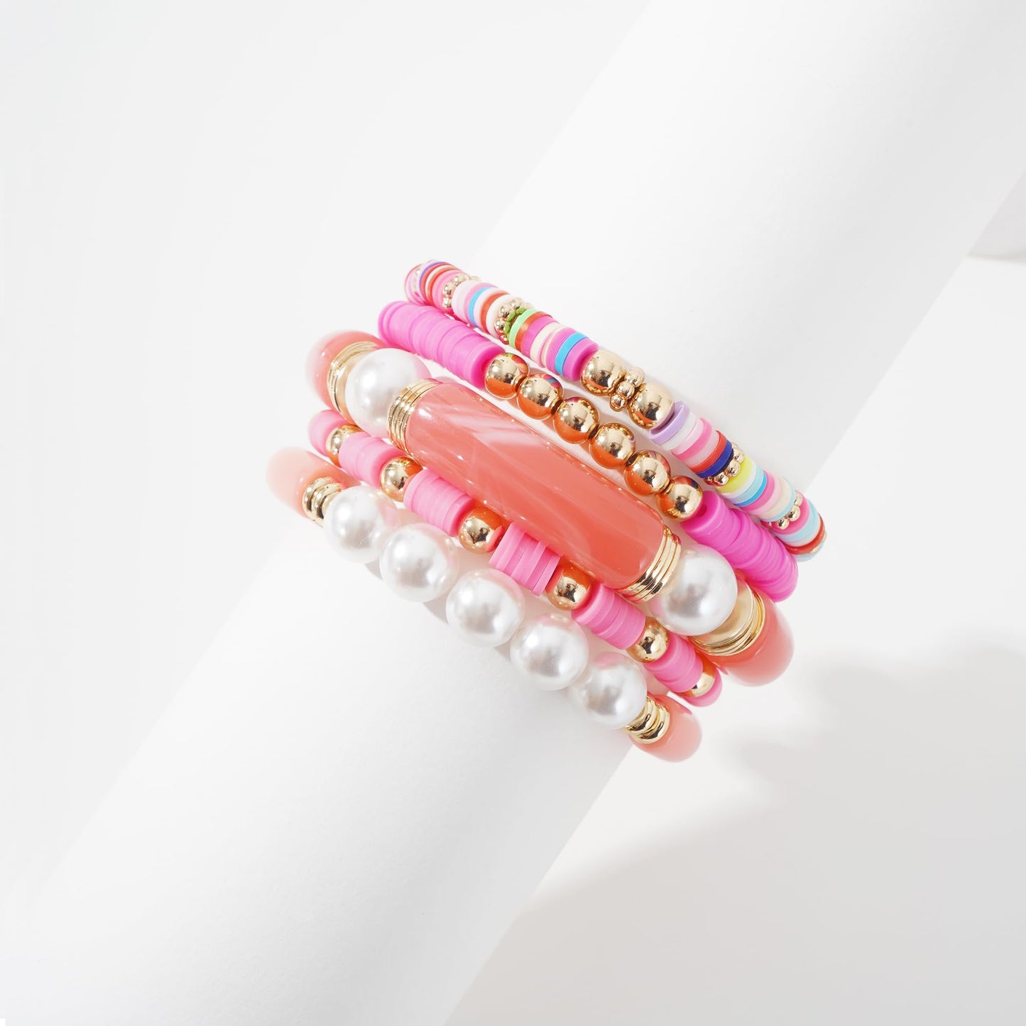 GOOJIDS Simple Beaded Gold Plated Bangles Bracelet Chunky Bamboo Tube Curved Stacking Clear Acrylic Colorful Beads Stretchable Gold Platd Bracelets Set For Women