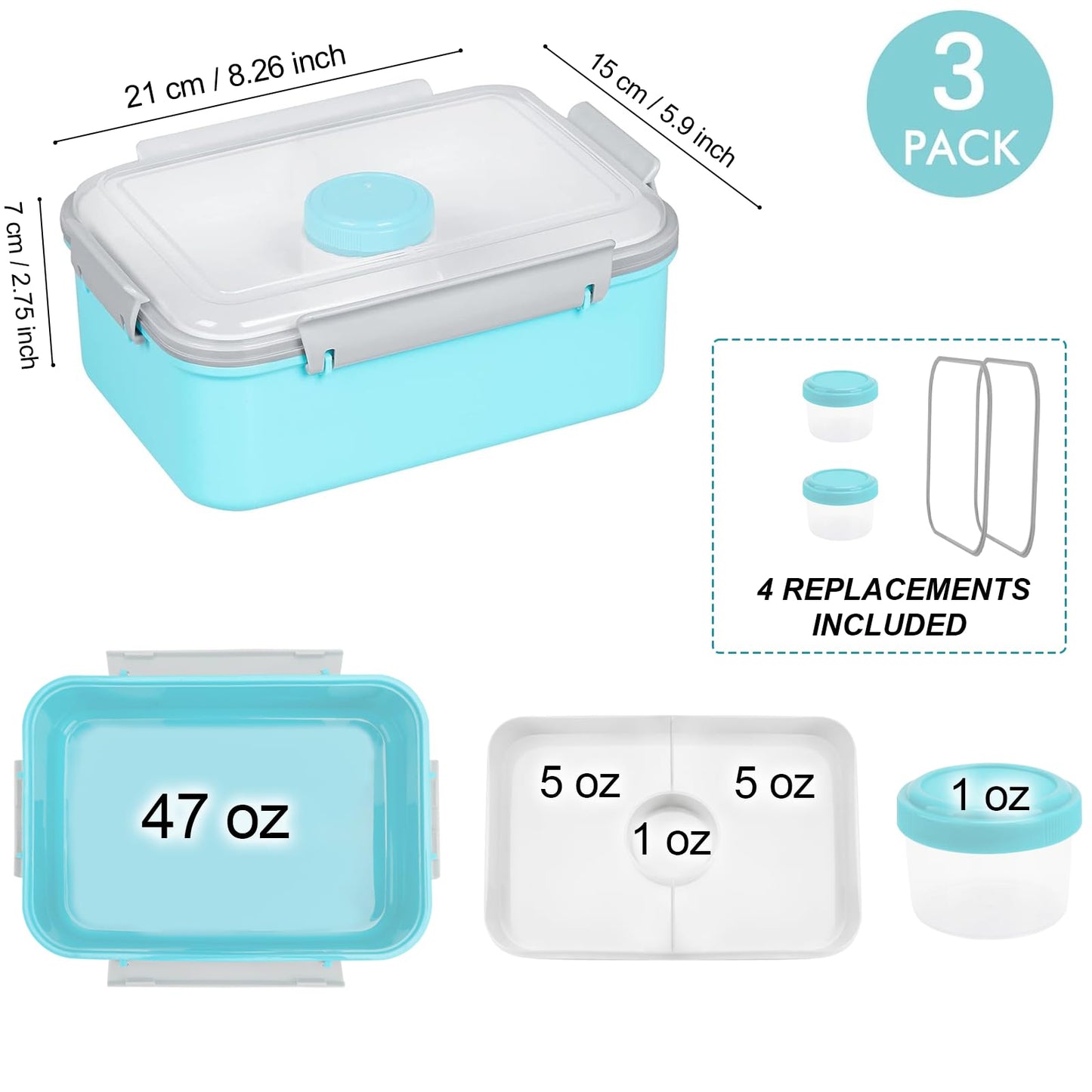 3 Pack Salad Lunch Box Food Storage Containers, 47oz Bento Box To Go Container with Lids, Meal Prep Containers with Removable Tray & Dressing Pots for Kids and Adults, Reusable and Microwave Safe