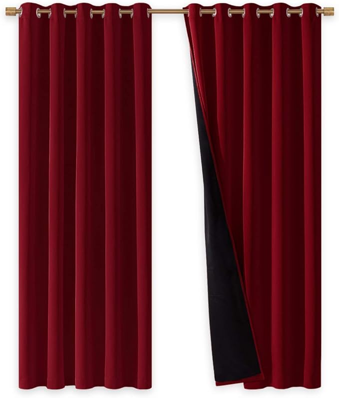 NICETOWN 100% Blackout Window Curtain Panels, Burgundy Red, 2 PCs, 62" Wide Each Panel, Cold and Full Light Blocking Drapes with Black Liner for Nursery, 84 inches Drop Thermal Insulated Draperies