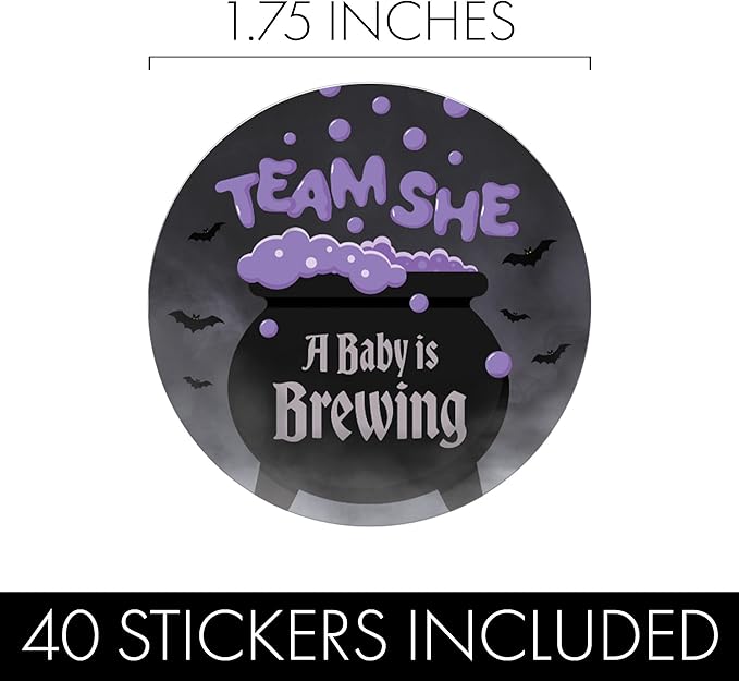 Baby is Brewing Halloween Gender Reveal Stickers 40ct – Bubbling Witch Cauldron Team He or Team She in Purple & Green