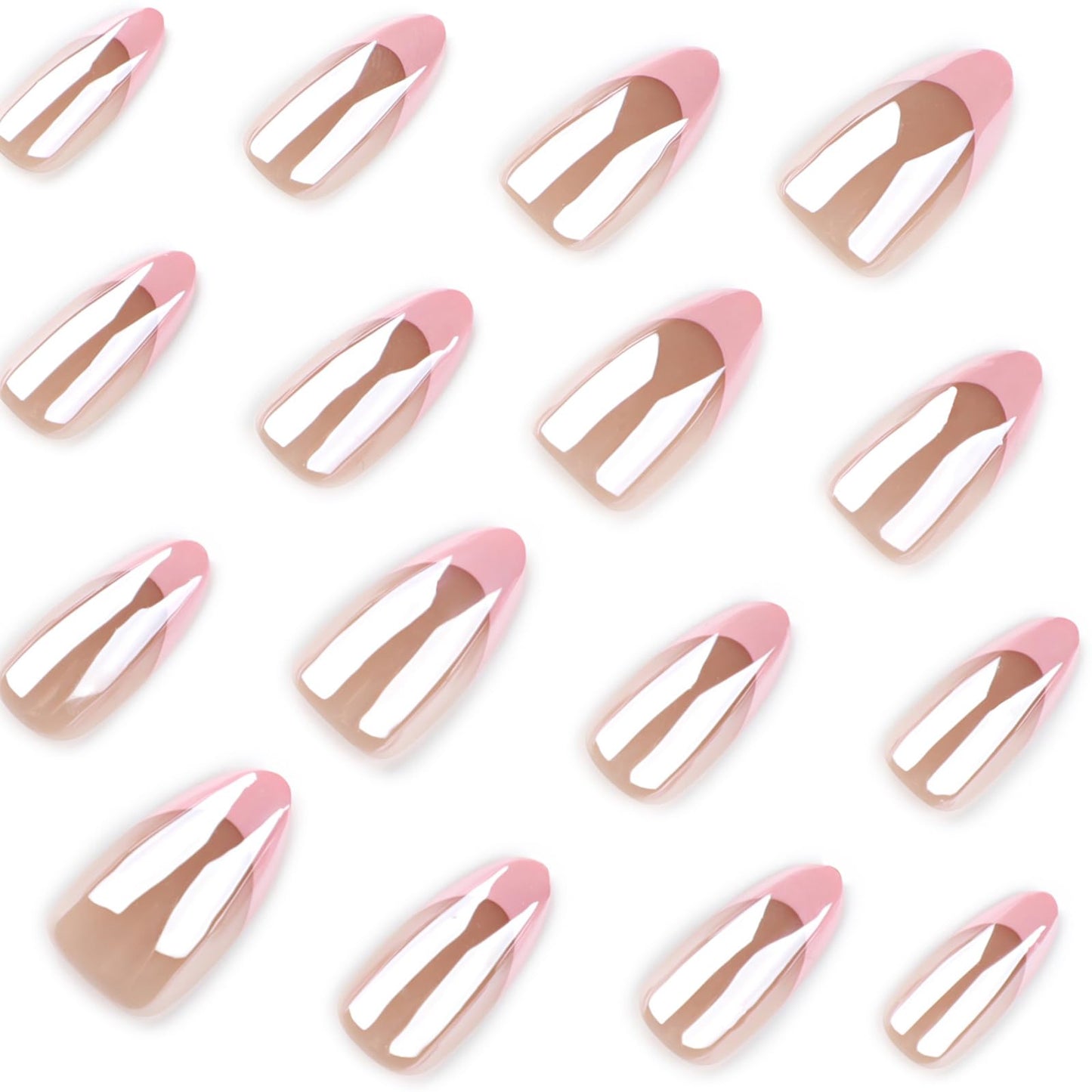 IMSOHOT Chrome Press on Nails Medium Almond Fake Nails Acrylic Pink French Tips False Nails Full Cover Glossy Nude Glue on Nails for Women 24Pcs