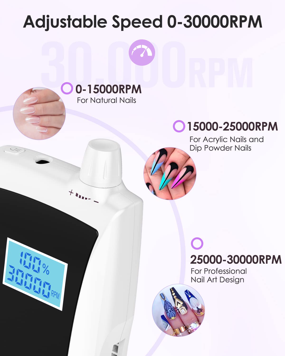 Beloving Portable Nail Drill Machine,30000RPM Rechargeable Electric Nail File Professional with Speed Display,Sanding Bands and Bits,Efile for Acrylic Dip Gel Nails Manicure Pedicure Home Salon Use