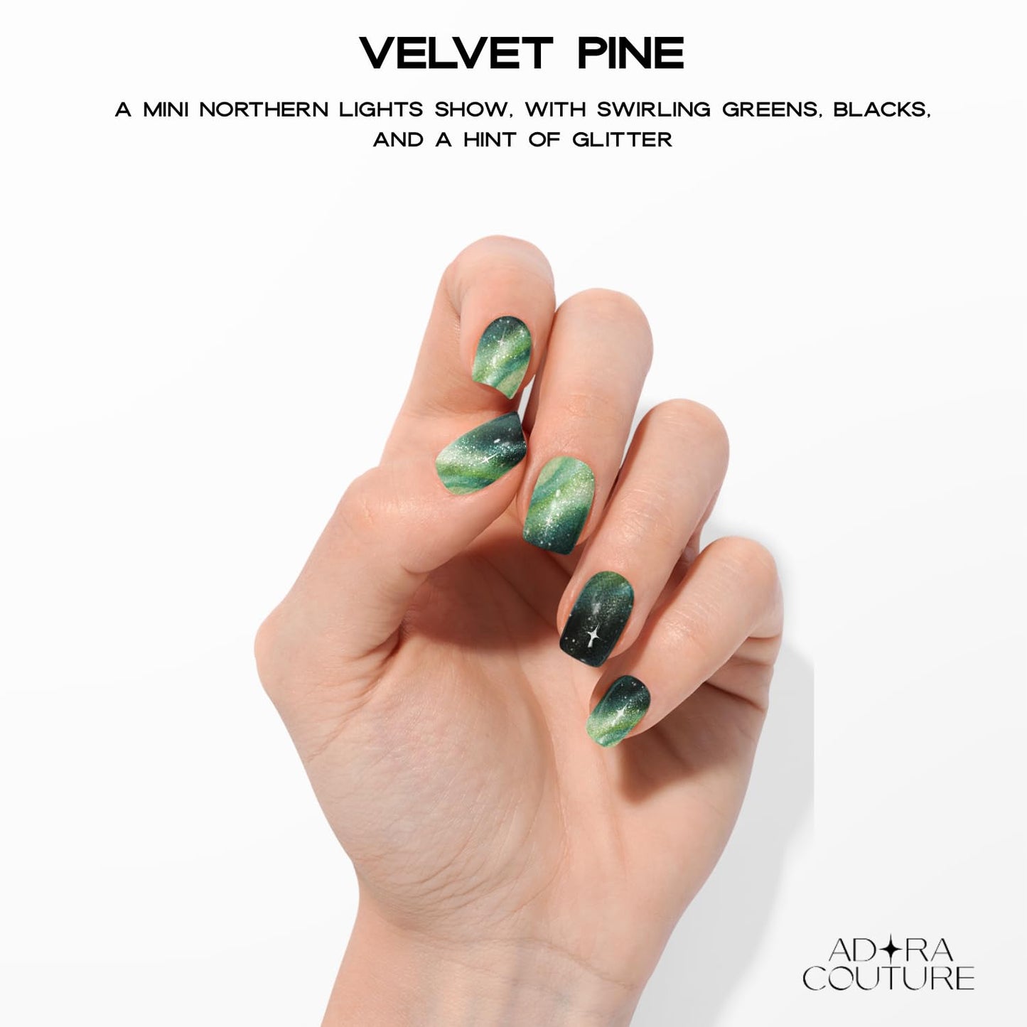 Adora Couture Semi-Cured Gel Nail Strips - 30 Salon-Quality Stickers with UV Light Required, Long Lasting, Easy Application & Removal, Includes Prep Pads, Nail File, Wooden Stick (Green Velvet)