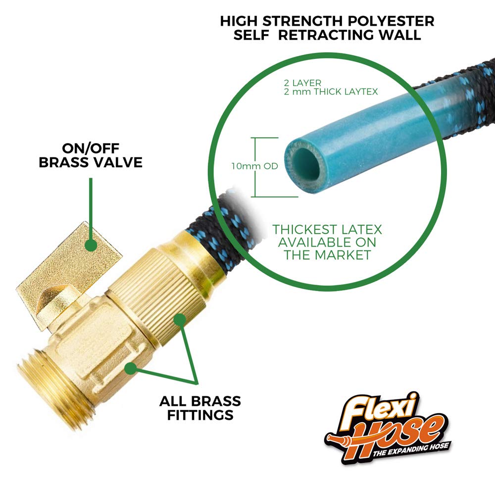 Flexi Hose Expandable Garden Hose with 8 Function Nozzle, 100FT - Lightweight Retractable Garden Hose, Water Hose - No-Kink Flexibility, 3/4 Inch Solid Brass Fittings and Double Latex Core