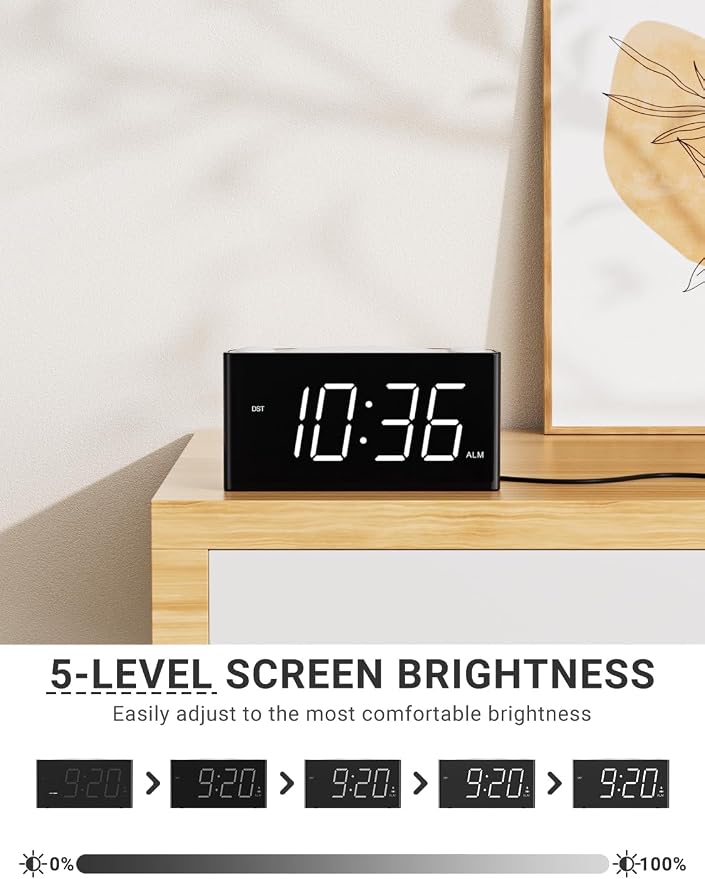 Vibrating Alarm Clock for Heavy Sleepers – Loud Alarm with Bed Shaker, 3 Wake Modes, Large 7.5” Display, 5-Level Dimmer, USB & Type-C Charging, Plug-in with Battery Backup for Bedroom, Teens & Deaf