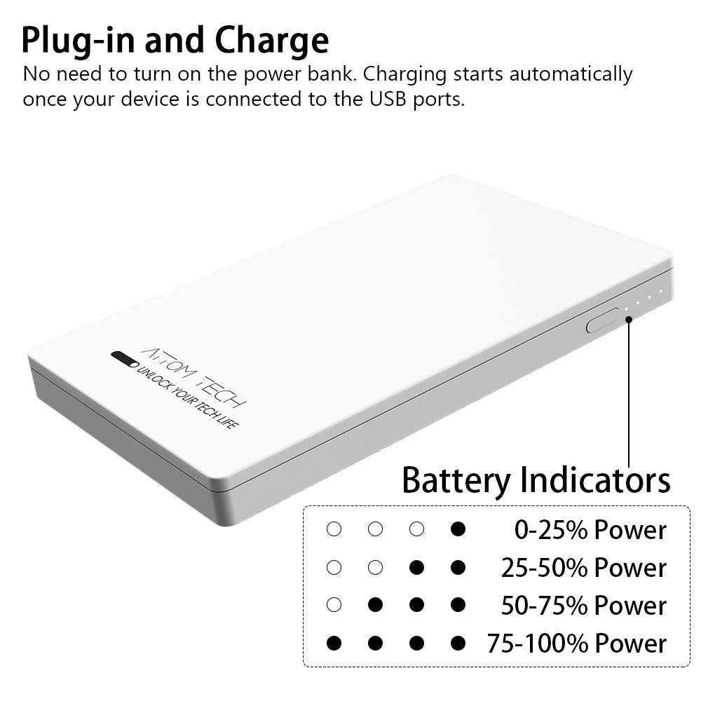 Attom Tech Dual USB Output Super Slim Power Bank Ultra Thin, 3000mAh Portable Charger Mini External Phone Battery Pack Small Dual Outlet, Emergency Phone Power Backup (White)
