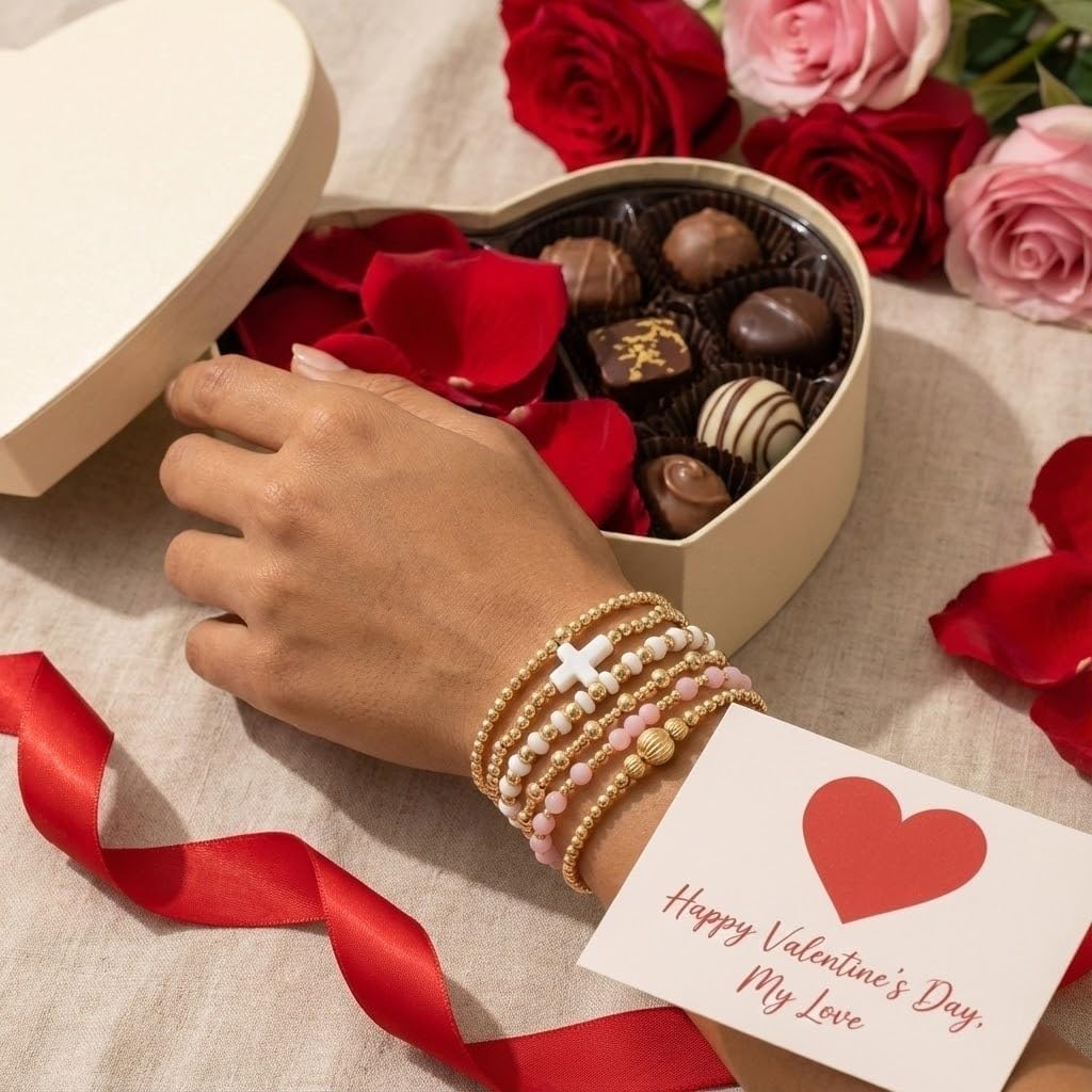 Bohxantium 14K Gold Beaded Bracelets for Women Boho Colorful Gold Beads Ball Stackable Stretch Christian Cross Bracelet Stack Waterproof Trendy Non Tarnish Jewelry Accessories Friendship Gift