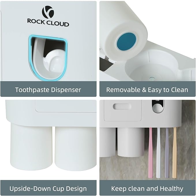 ROCK CLOUD Toothbrush Holder Wall Mounted Automatic Toothpaste Dispenser Squeezer Kit Saving Space, 4 Toothbrush Slots,2 Cups and Drawers for Bathroom
