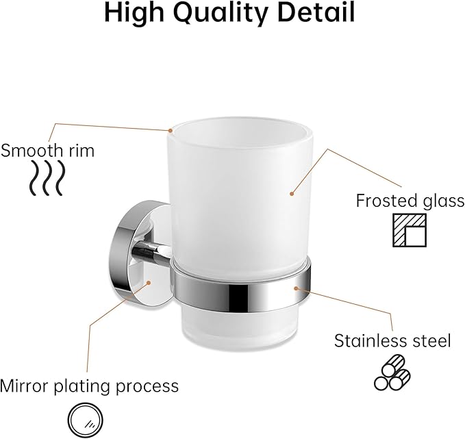 Wall Mount Toothbrush Holder with Frosted Glass Cup, Toothbrushes Toothpaste Razor Storage Organizer (Single)