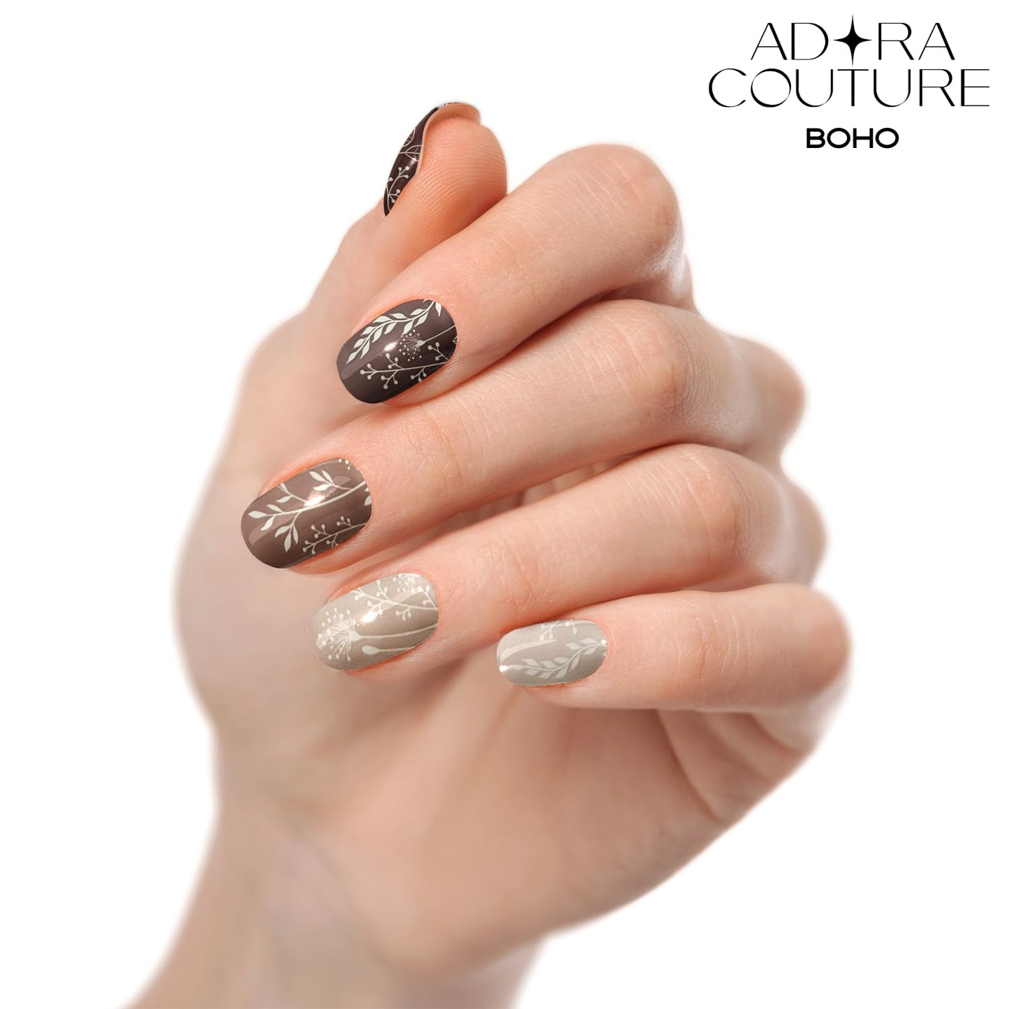 Adora Couture Semi Cured Gel Nail Strips with 30 Pieces - Salon Quality Manicure Kit for Women Easy Application Wraps Includes Prep Pads Nail File Wooden Stick, UV Light Required (Brown Boho)
