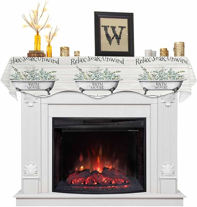 Bathtub Eucalyptus Leaves Fireplace Mantel Scarf Table Runner, Farmhouse Botanical Wooden Winter Garland Mantel Top Tablerunners Dresser Scarves Decorations for Windows Party Living Room 60''x17''